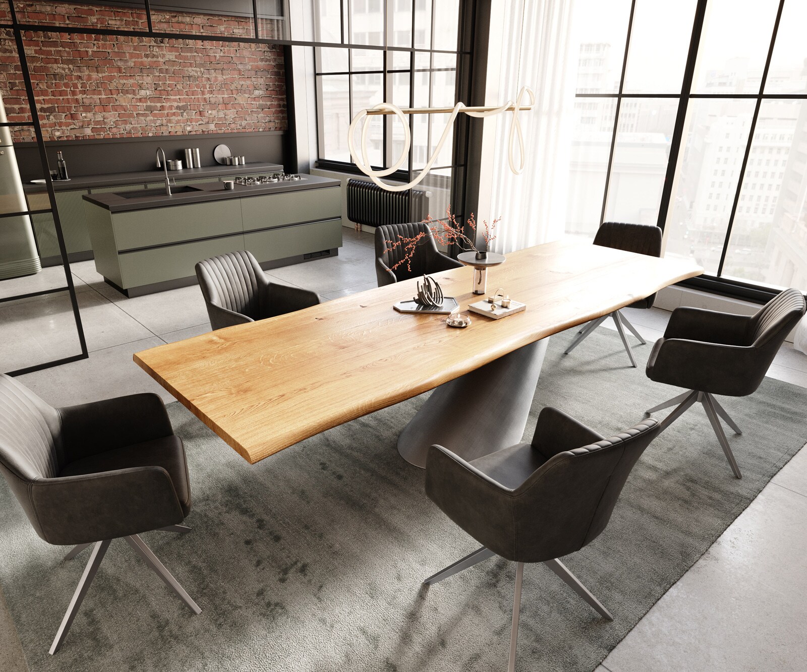 Eettafel Edge 300x100x4 eiken natuur Cono metaal zilver Live-Edge 5