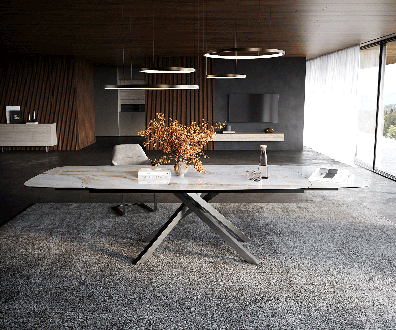 Eettafel Edge Boot 200-300x120 cm Keramiek Onyx Pearl kruisonderstel Rechthoek Roestvrij staal uitschuifbaar 2