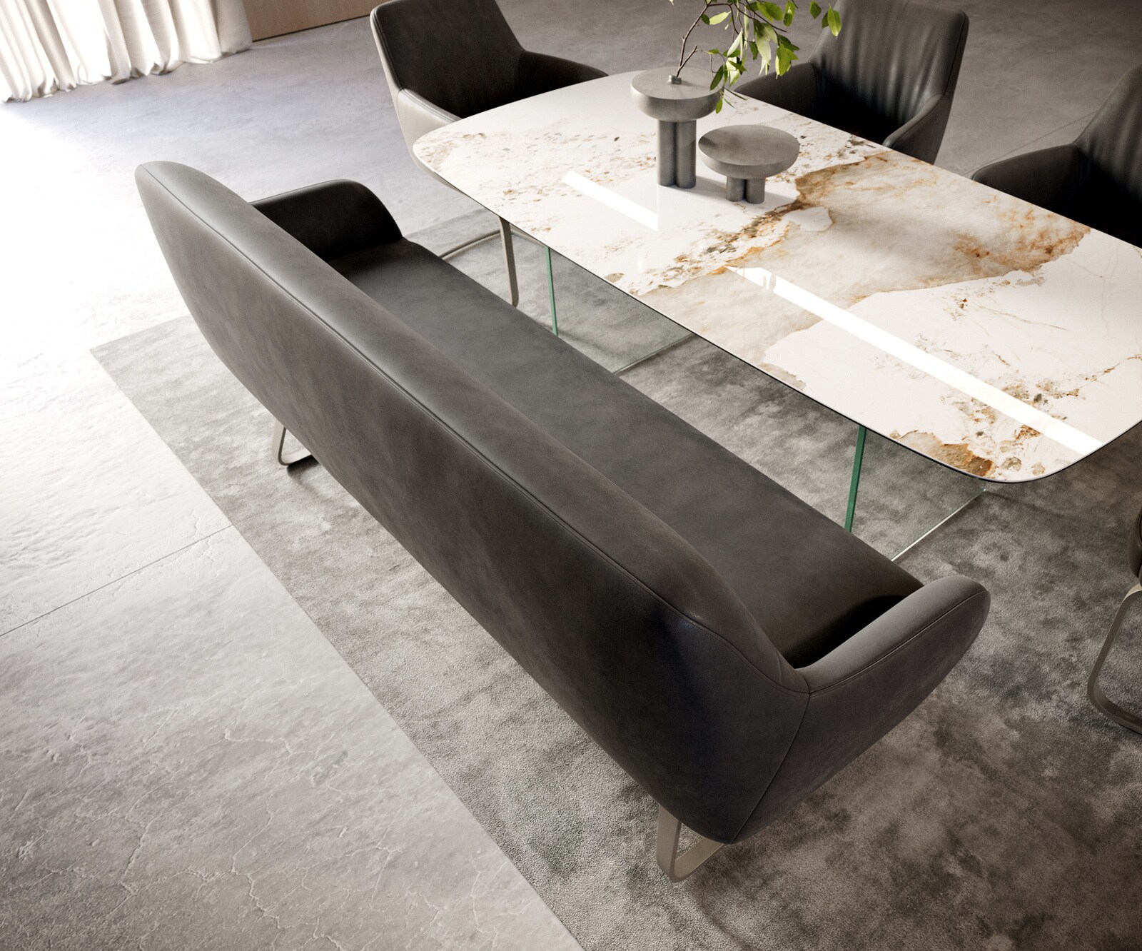 Eetkamerbank Taya-Flex 200 cm microvelours anthraciet vintage platte sledebasis afwerking met titaniumeffect pocketvering 3