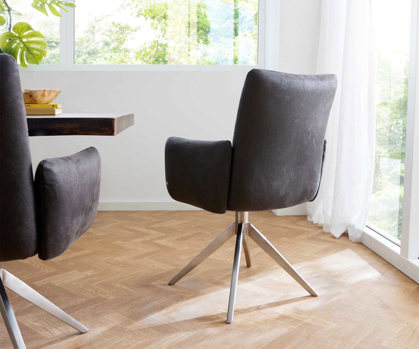 Draaistoel Jova-Flex met armleuning microvelours antraciet vintage kruisframe breed roestvrij staal 360° draaibaar pocketveer kern 4 Draaistoel Jova-Flex met armleuning microvelours antraciet vintage kruisframe breed roestvrij staal 360° draaibaar pocketveer kern 4