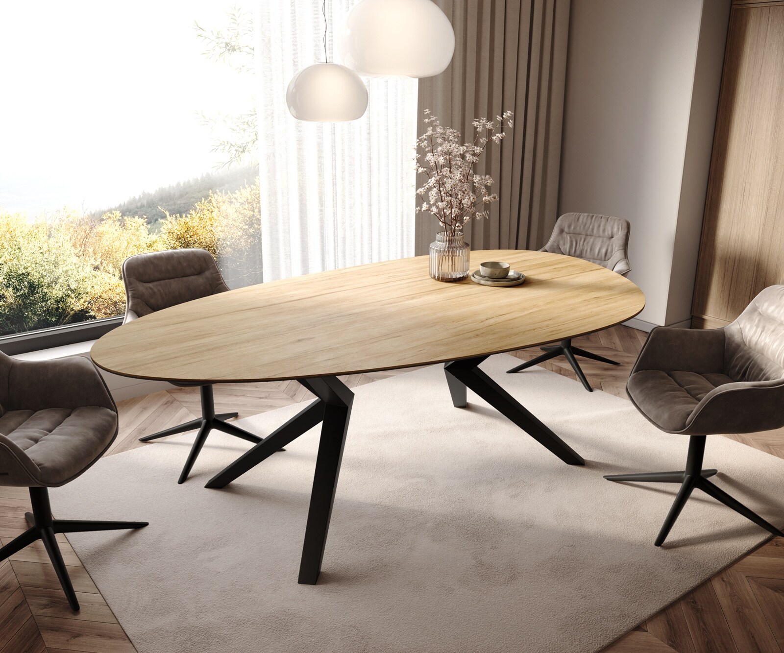 Eetkamertafel Edge ovaal 220x120 keramiek Laminam® Sabbia eiken kleur Zenthara hoekig metaal zwart