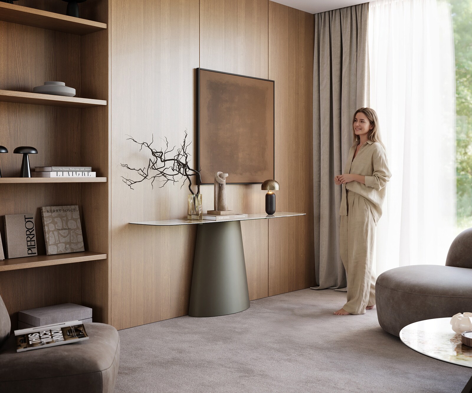 Consoletafel Edge Bootvorm 180x40 cm Keramiek Minas Melange Weiß-Beige Conos Metaal Effektfinish Titan 7