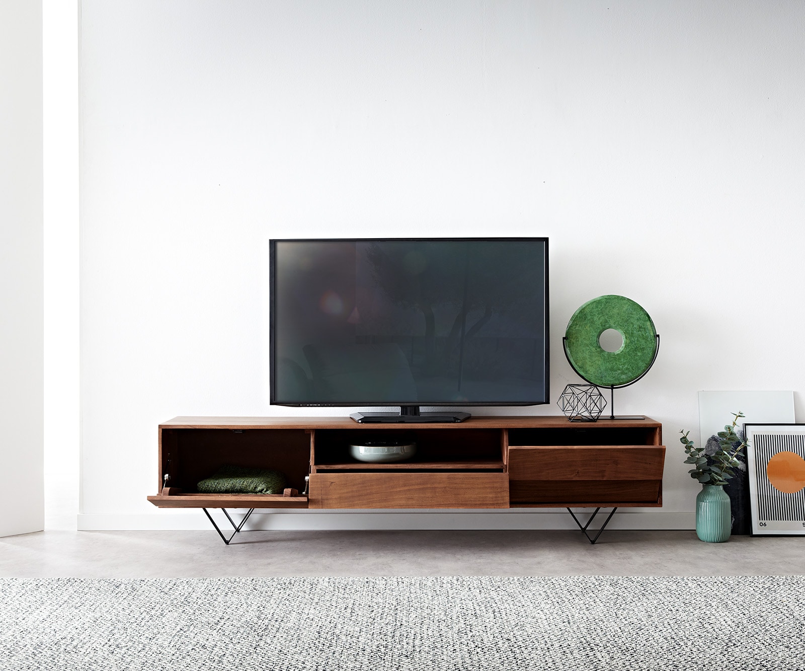 TV-Meubel Eloi Acacia Bruin 200x35 cm 2 Deuren 1 Lade V-Poot Zwart 3 TV-Meubel Eloi Acacia Bruin 200x35 cm 2 Deuren 1 Lade V-Poot Zwart 3