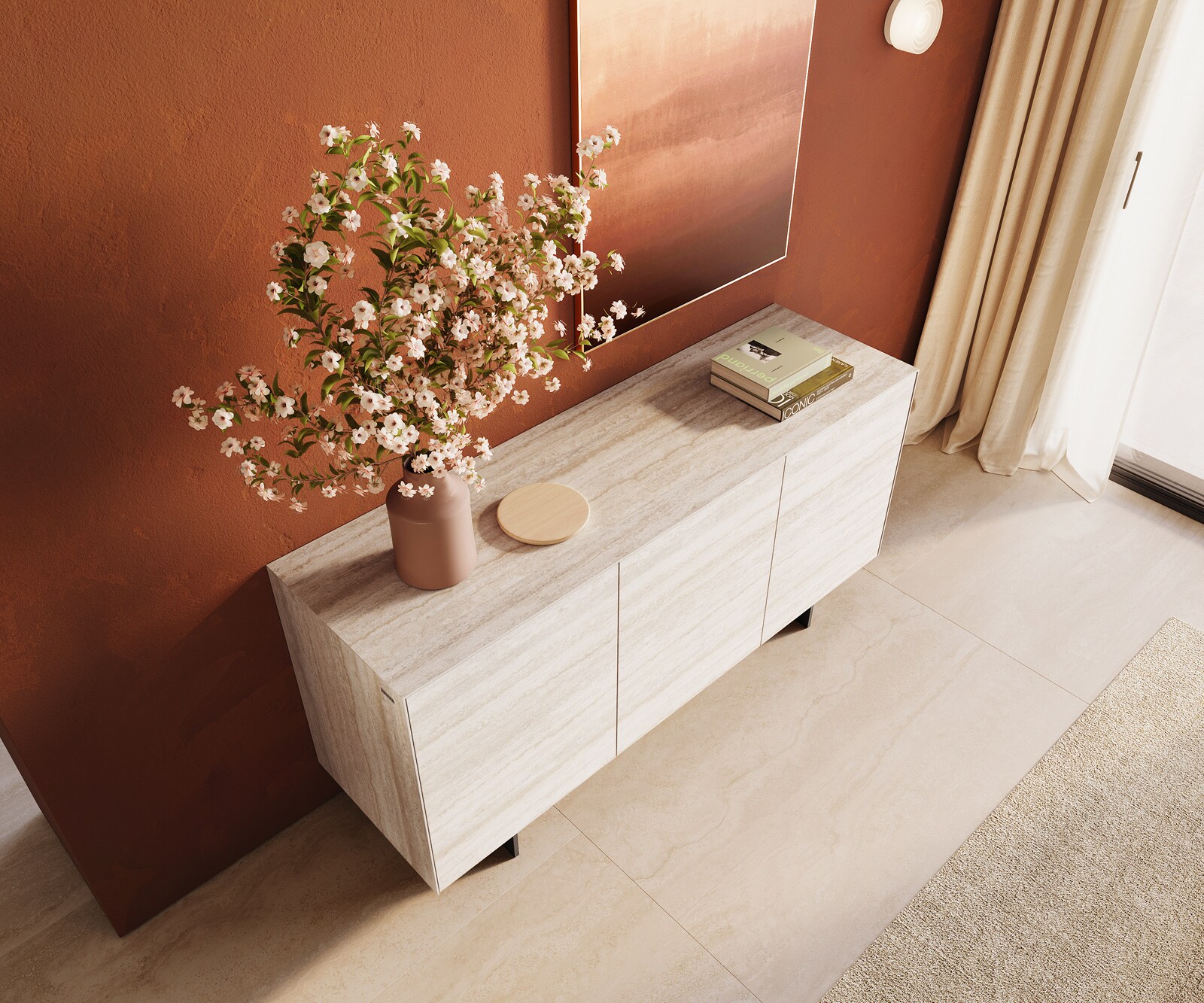 Dressoir Cuor 150 cm Keramiek Laminam® Travertino Bianco Crème-wit 3 Deuren Zwevende voet look Metaal Zwart 4