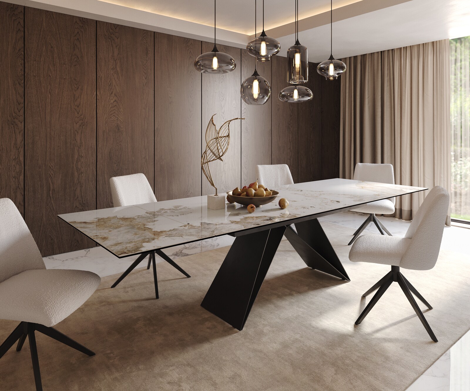 Eetkamertafel Edge 200-300x100 keramiek Minas Melange wit-beige V-frame vlak staal zwart uitschuifbaar