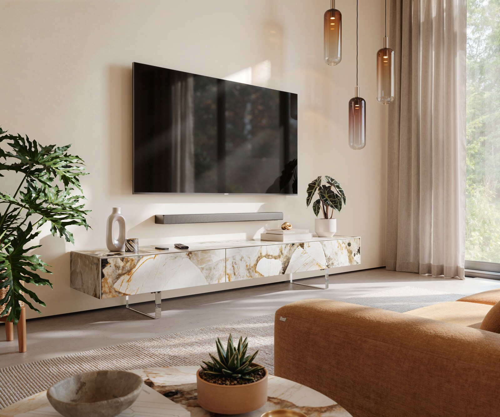 Tv-meubel Cuor 200 cm Keramiek Patagonia gepolijst 1 Flap 1 Laden Zwevende voet look Acrylglas 1