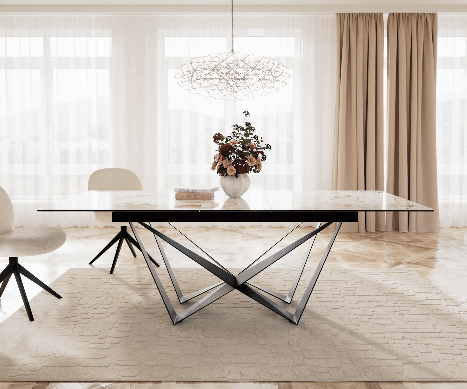 Eetkamertafel Edge 180-220x100 keramiek Minas Melange wit-beige spider vlak staal zwart uitschuifbaar 1
