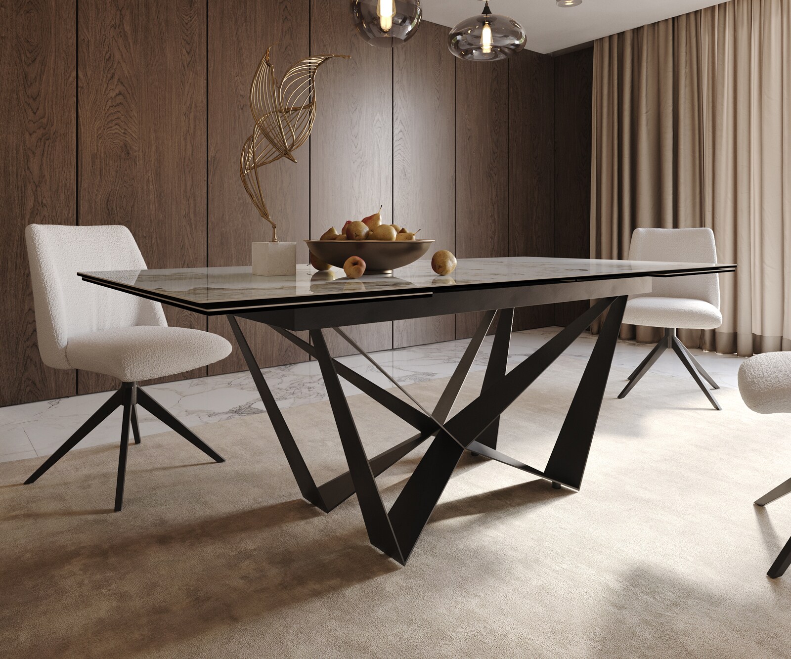 Eetkamertafel Edge 200-300x100 keramiek Minas Melange wit-beige spider vlak staal zwart uitschuifbaar 6