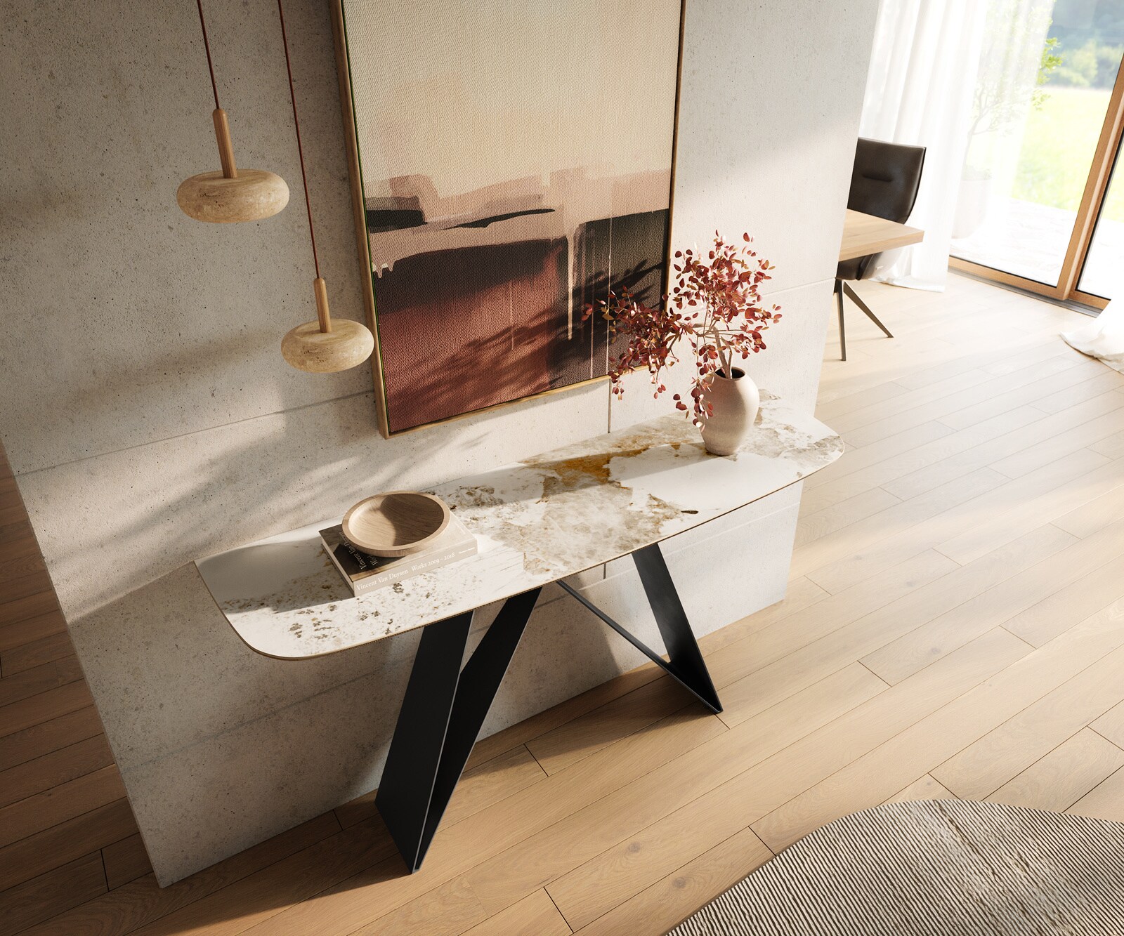 Consoletafel Edge Bootvorm 140x40 cm Keramiek Minas Melange Weiß-Beige Velio Metaal Zwart 2