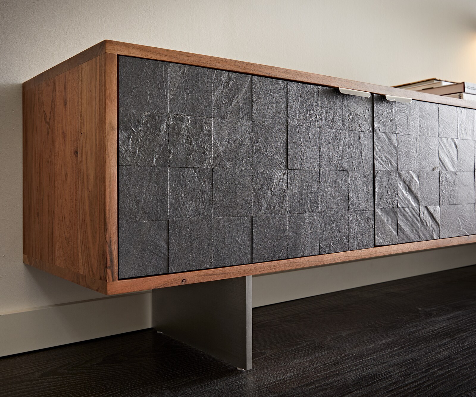 Tv-meubel Teele 200 cm acacia natuur leisteen 4 deuren poot zwevend roestvrij staal 6 Tv-meubel Teele 200 cm acacia natuur leisteen 4 deuren poot zwevend roestvrij staal 6