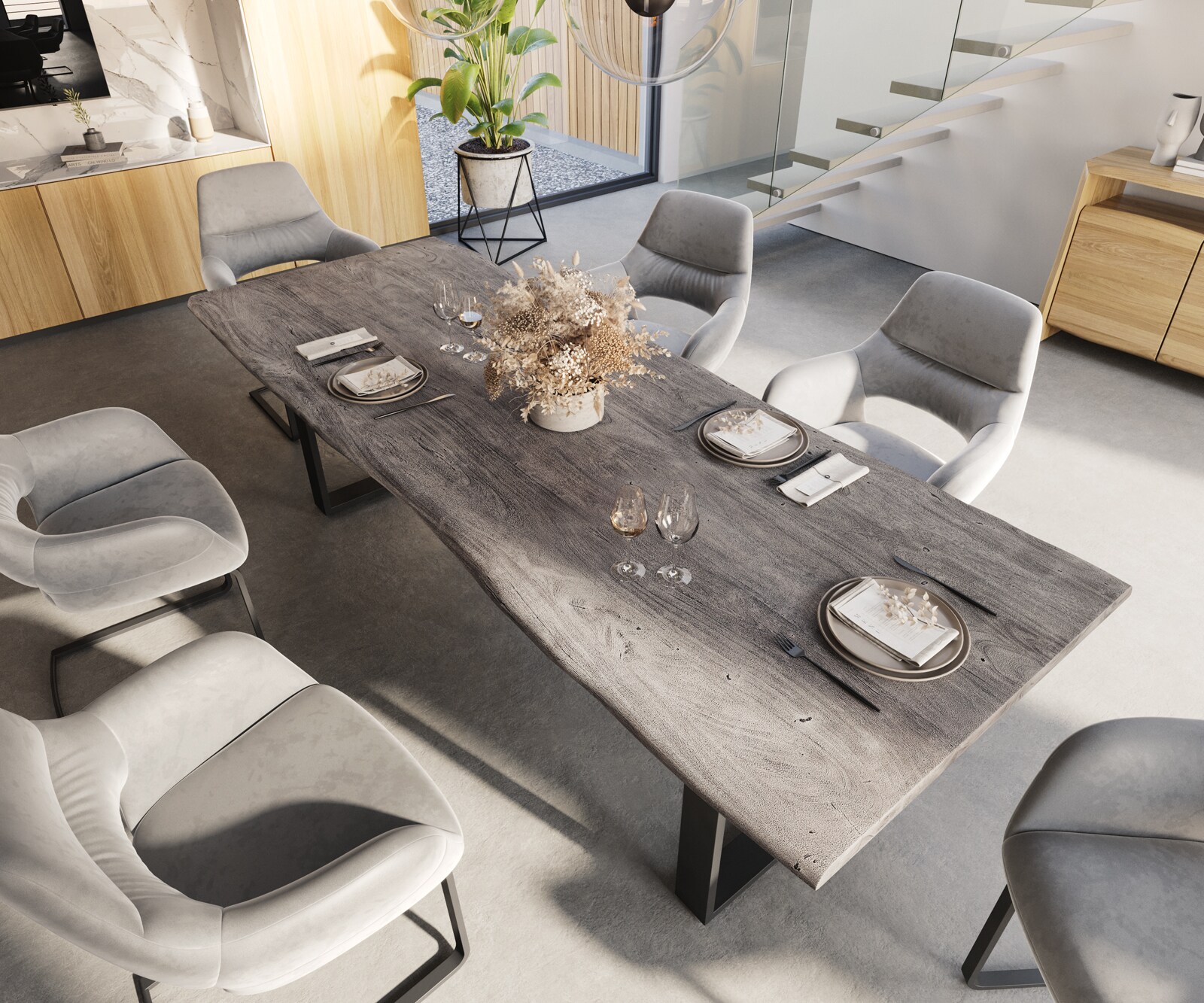 Eettafel Edge 260x100 acacia platina skidframe zwart Live-Edge 3 Eettafel Edge 260x100 acacia platina skidframe zwart Live-Edge 3