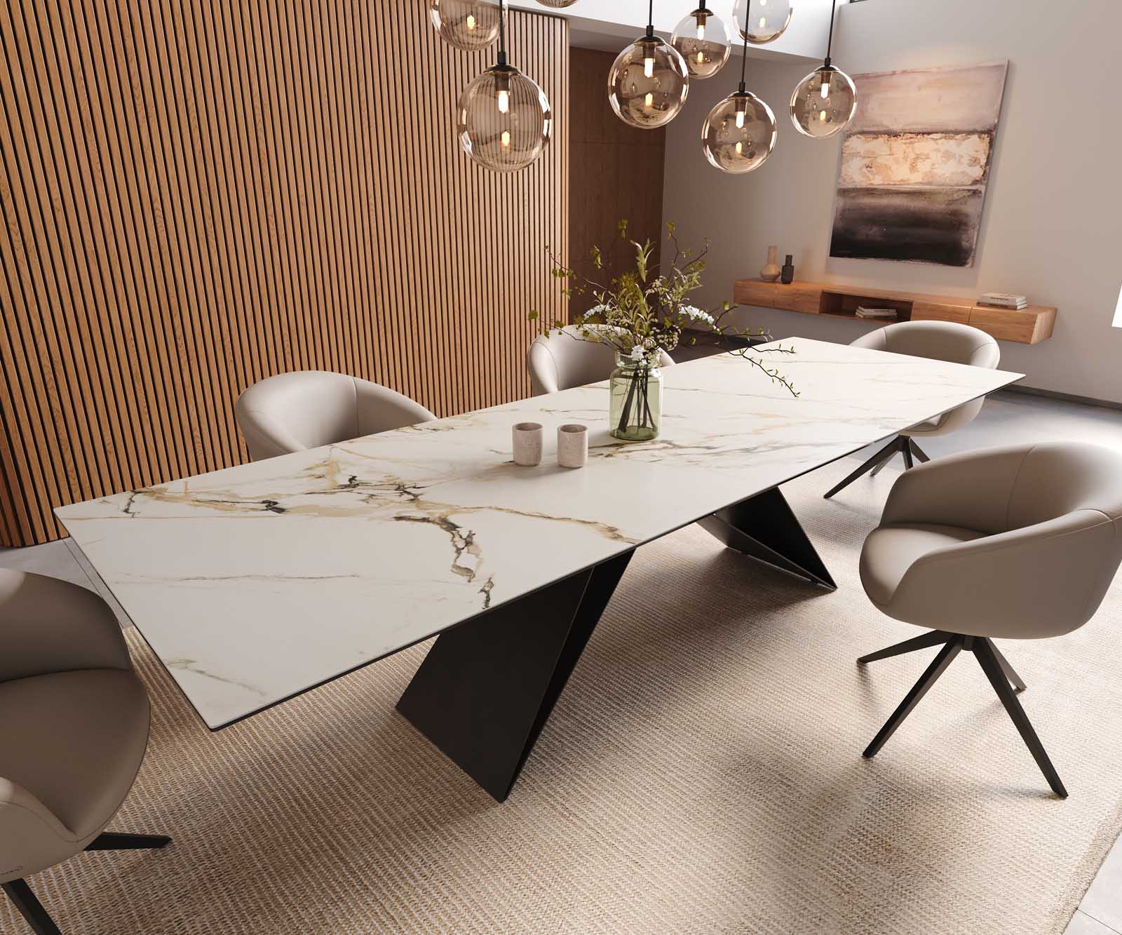 Eetkamertafel Edge 300x100 keramiek Calacatta Luxe wit-goud-grijs V-frame vlak staal zwart 1