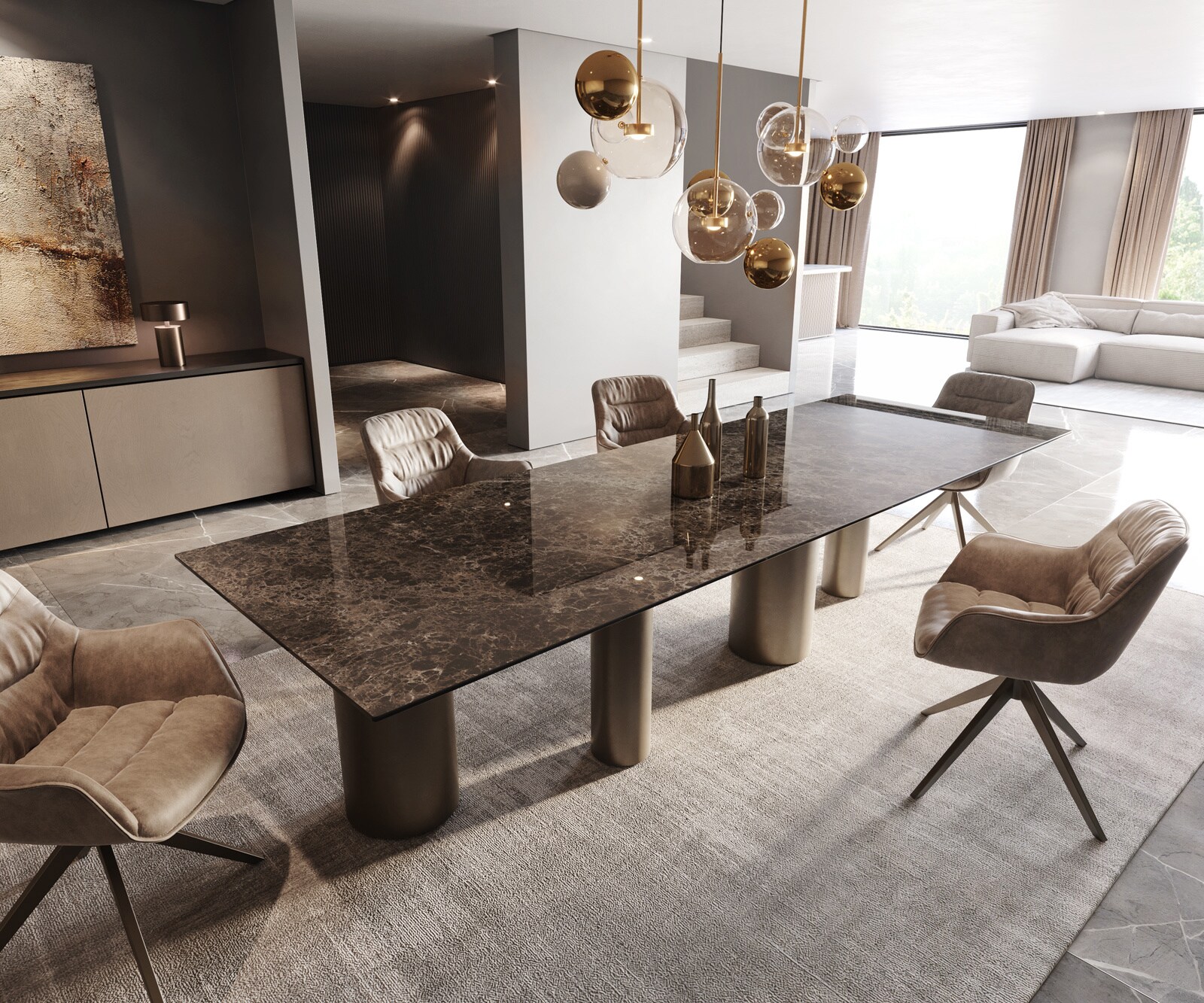 Eetkamertafel Edge 300x100 Laminam® Emperador Extra Lucidato donkerbruin Pilier metaal effectafwerking titaan 2