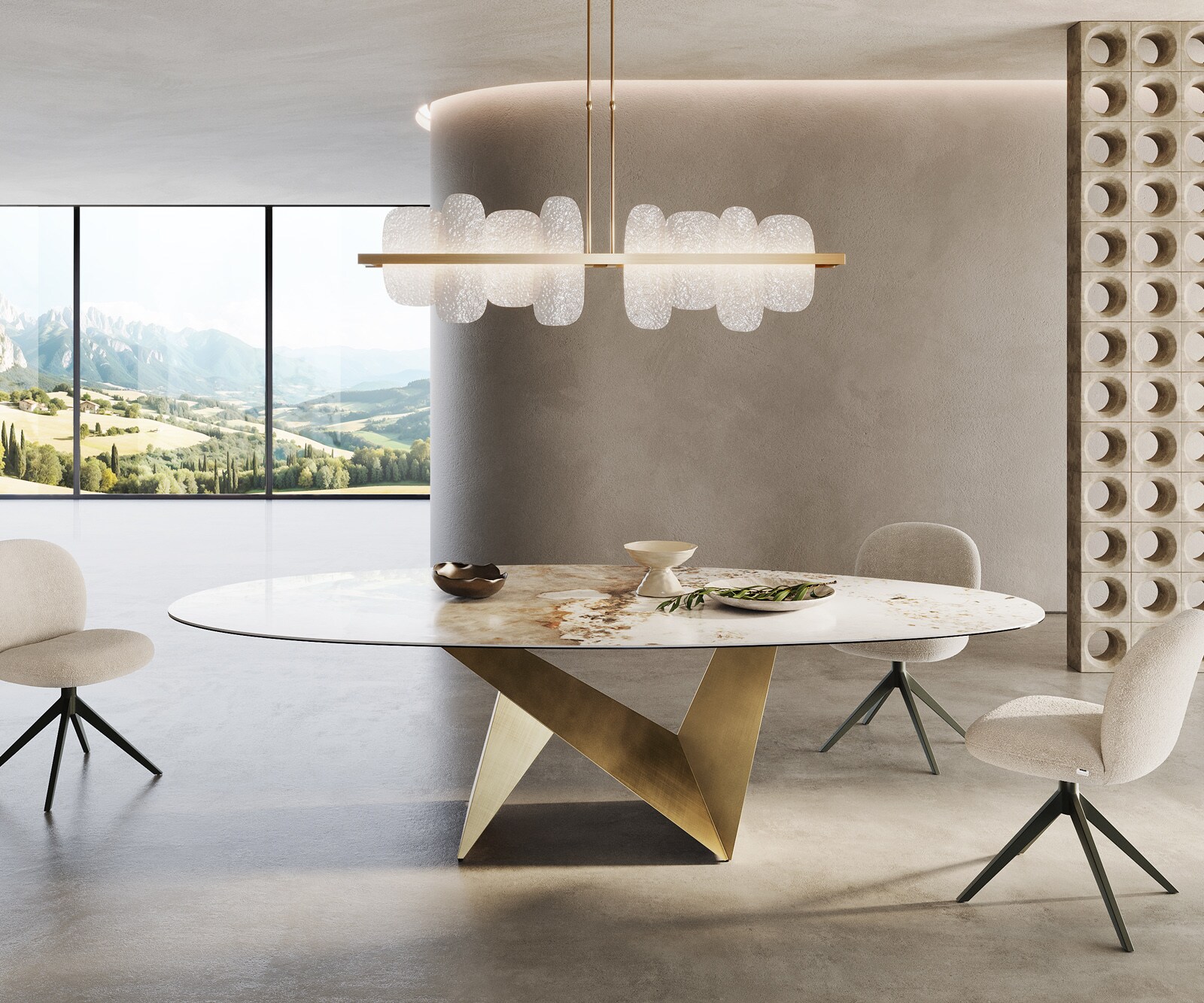 Eettafel Edge Oval 280x130 keramiek  Minas Melange wit-beige  Origami metaal goud
