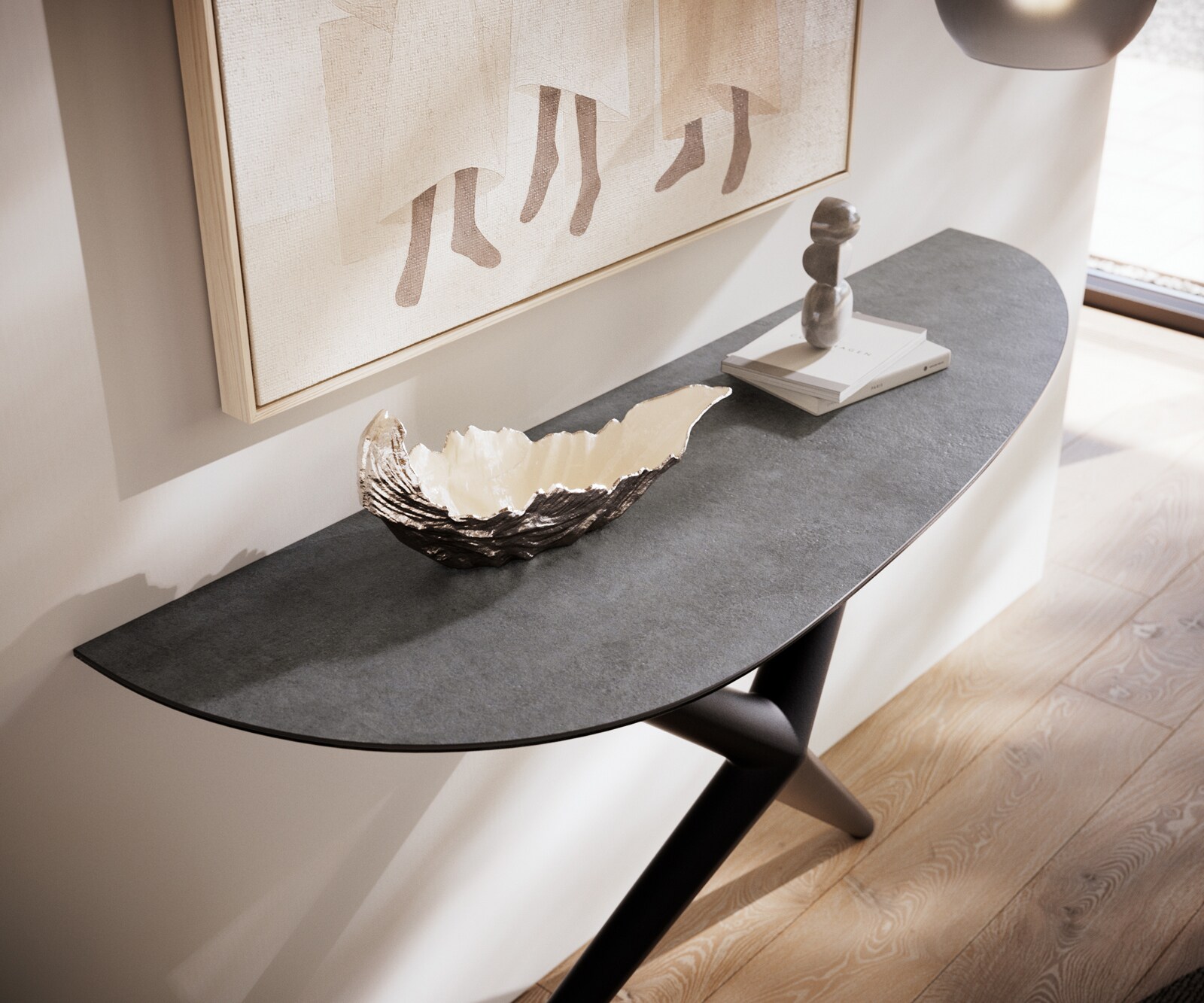 Consoletafel Edge Oval 140x40 cm Keramiek Beton Grijs Estelo Metaal Zwart 6