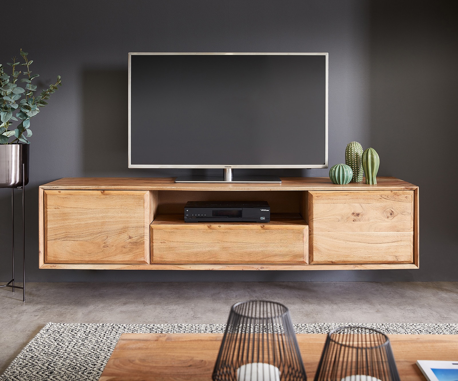 Tv-meubel Shari 160 cm natuur acacia 2 deuren 1 lade 1 vak zwevend 1 Tv-meubel Shari 160 cm natuur acacia 2 deuren 1 lade 1 vak zwevend 1