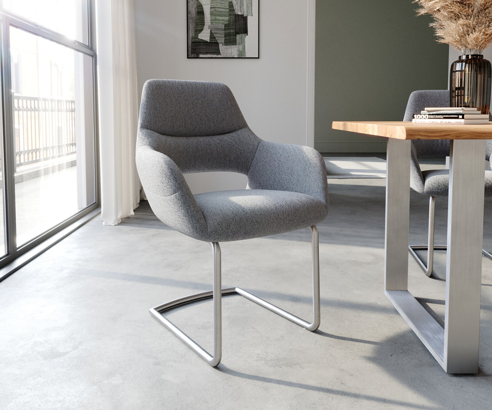 Sledemodel Yago-Flex met armleuning structuurstof lichtgrijs sledemodel rond roestvrij staal pocketveer kern