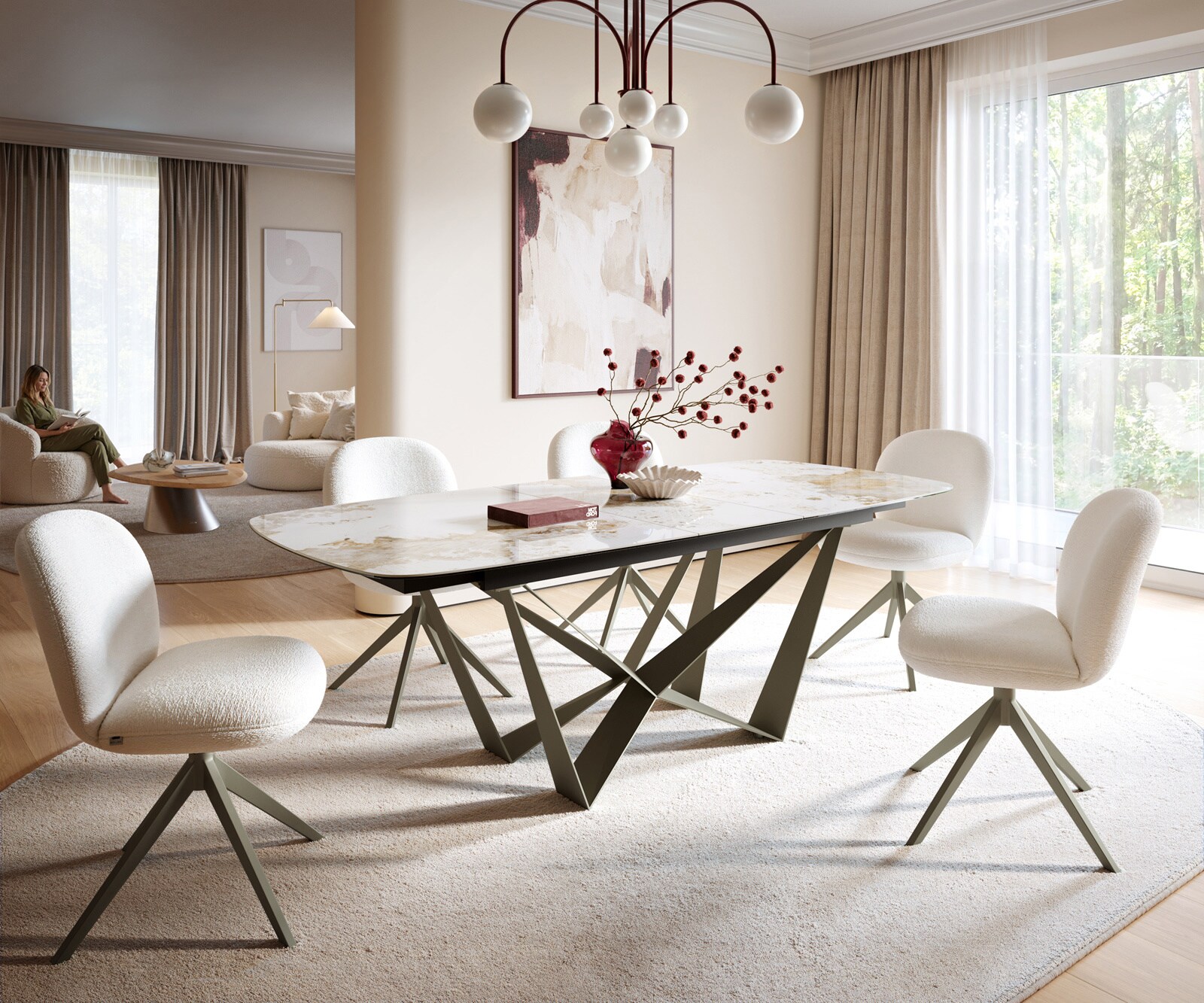 Eettafel Edge Boot 180-220x100 cm Keramiek Minas Melange Wit-Beige Spider Metaal Effectafwerking Titan uitschuifbaar 1