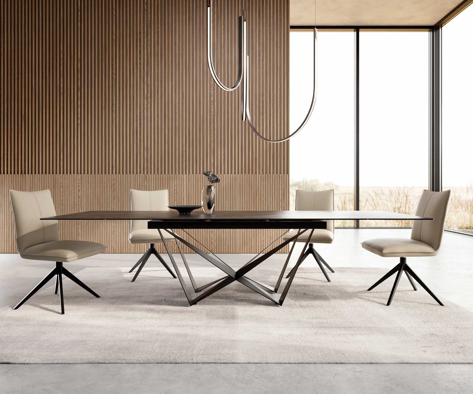 Eetkamertafel Edge 200-300x100 keramiek Laminam®Noir Desir bruin spider vlak staal zwart uitschuifbaar 2