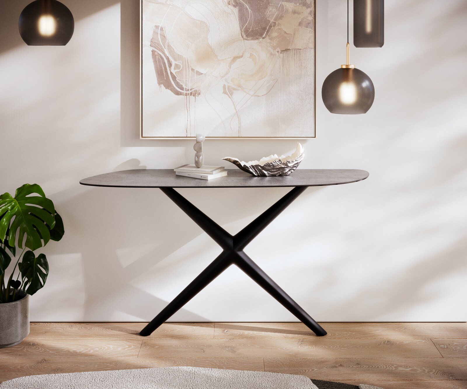 Consoletafel Edge Organisch 140x40 cm Keramiek Beton Grijs Estelo Metaal Zwart 1