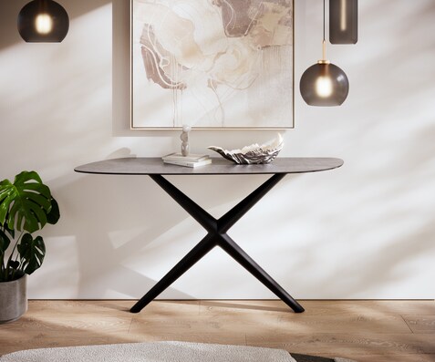 Consoletafel Edge Organisch 140x40 cm Keramiek Beton Grijs Estelo Metaal Zwart