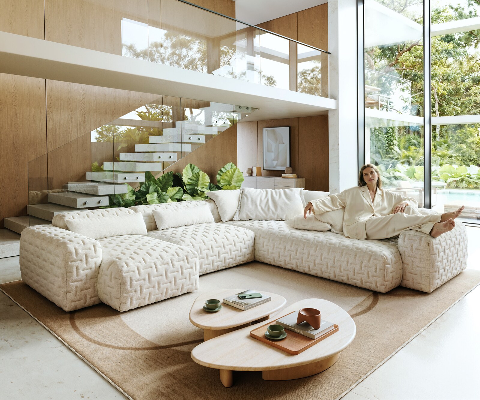 Woonkamer landschap Freestyle 360x290 cm Bouclé zacht Beige gestikt