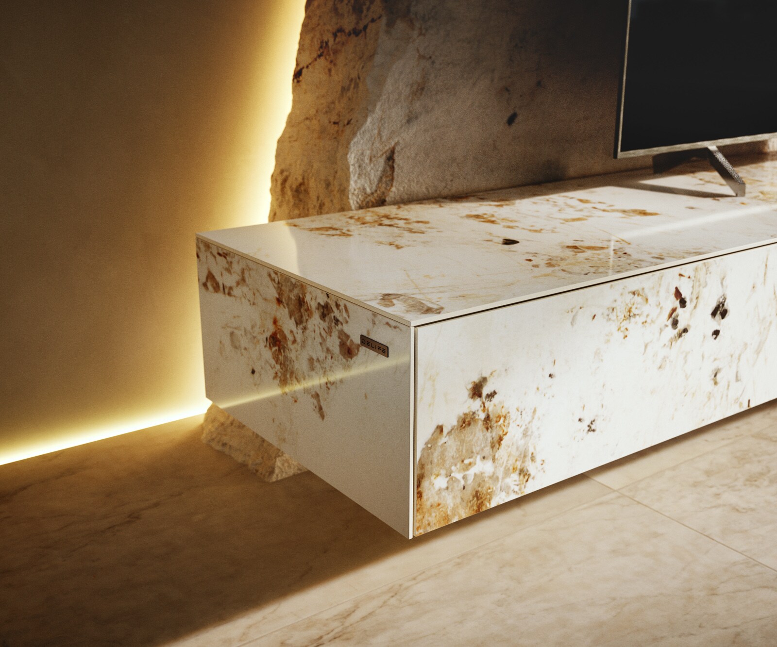 Tv-meubel Cuor 200 cm Keramiek Minas Melange Wit-beige 1 Flap 1 Lade Zwevende voet look Acrylglas 6