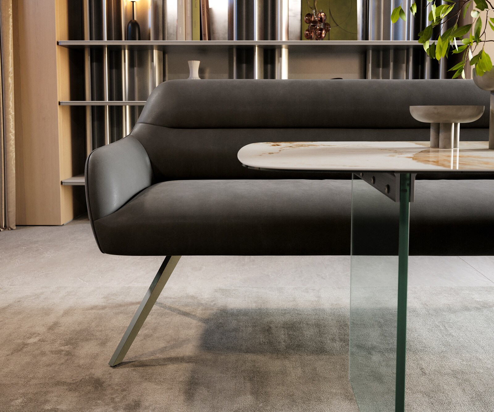 Eetkamerbank Taya-Flex 200 cm microvelours anthraciet vintage hoekig kruisframe afwerking met titaniumeffect pocketvering 1