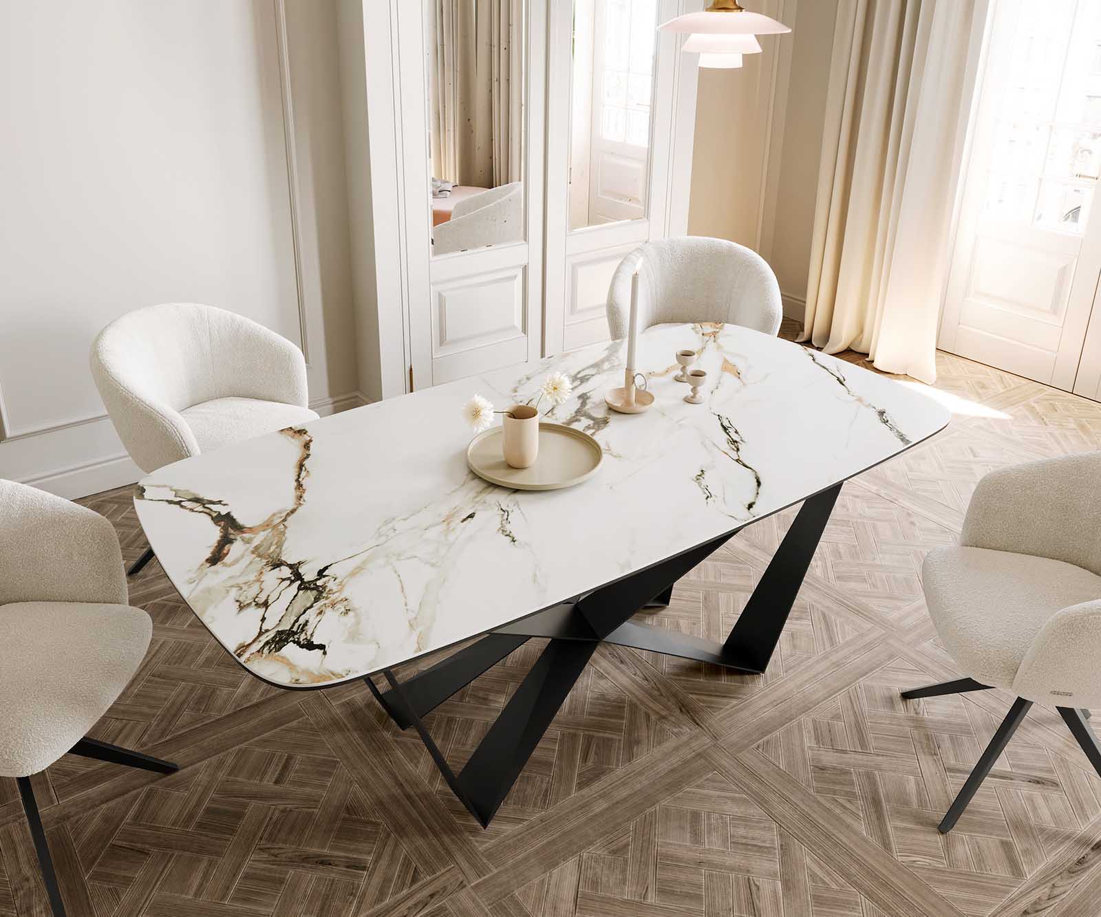 Eetkamertafel Edge Boot 200x100 keramiek Calacatta Luxe wit-goud-grijs spider vlak staal zwart 4