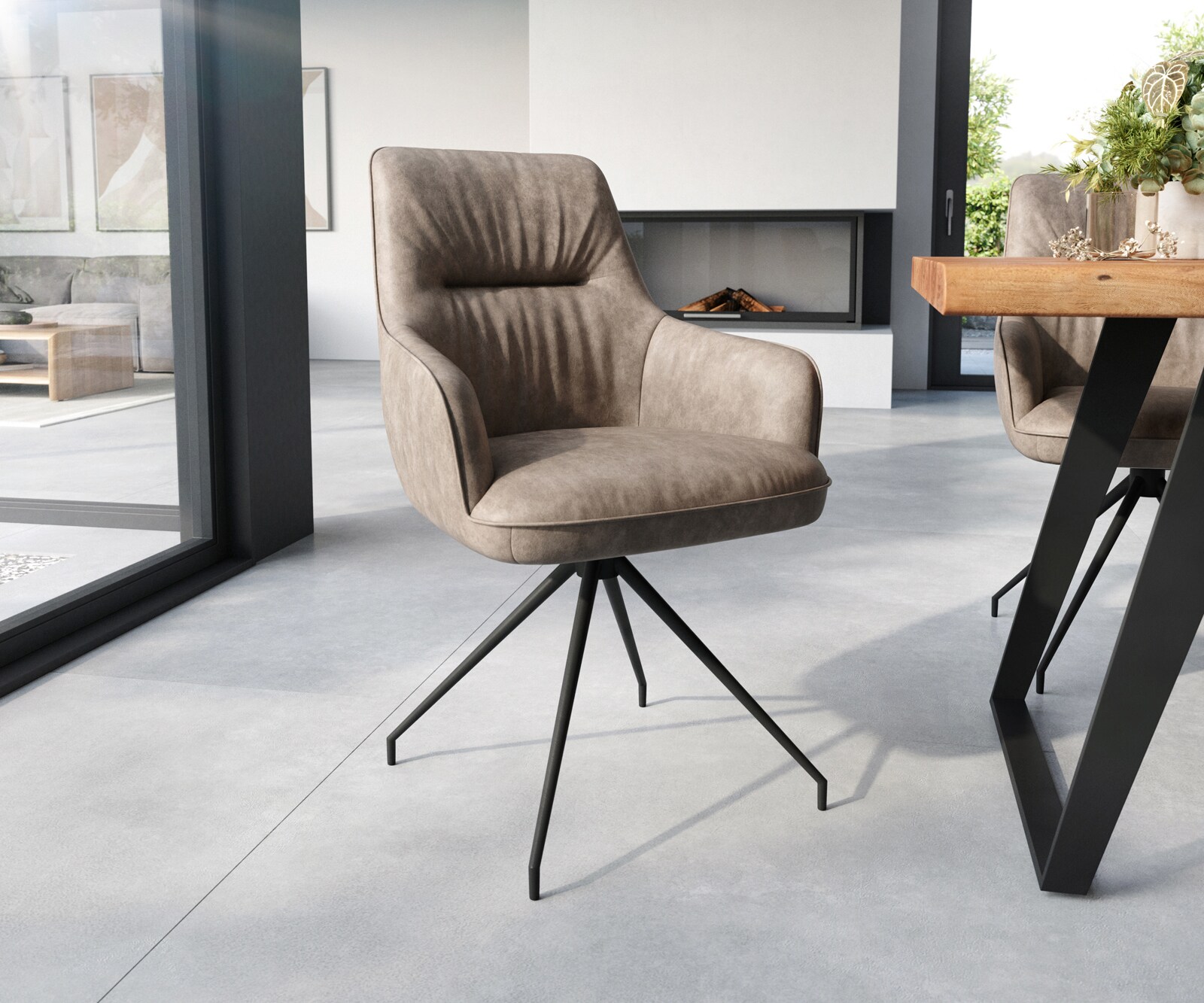 Eetkamerstoel Zelia-Flex met armleuning microvelours taupe vintage kruisframe conisch zwart pocketveer kern Eetkamerstoel Zelia-Flex met armleuning microvelours taupe vintage kruisframe conisch zwart pocketveer kern