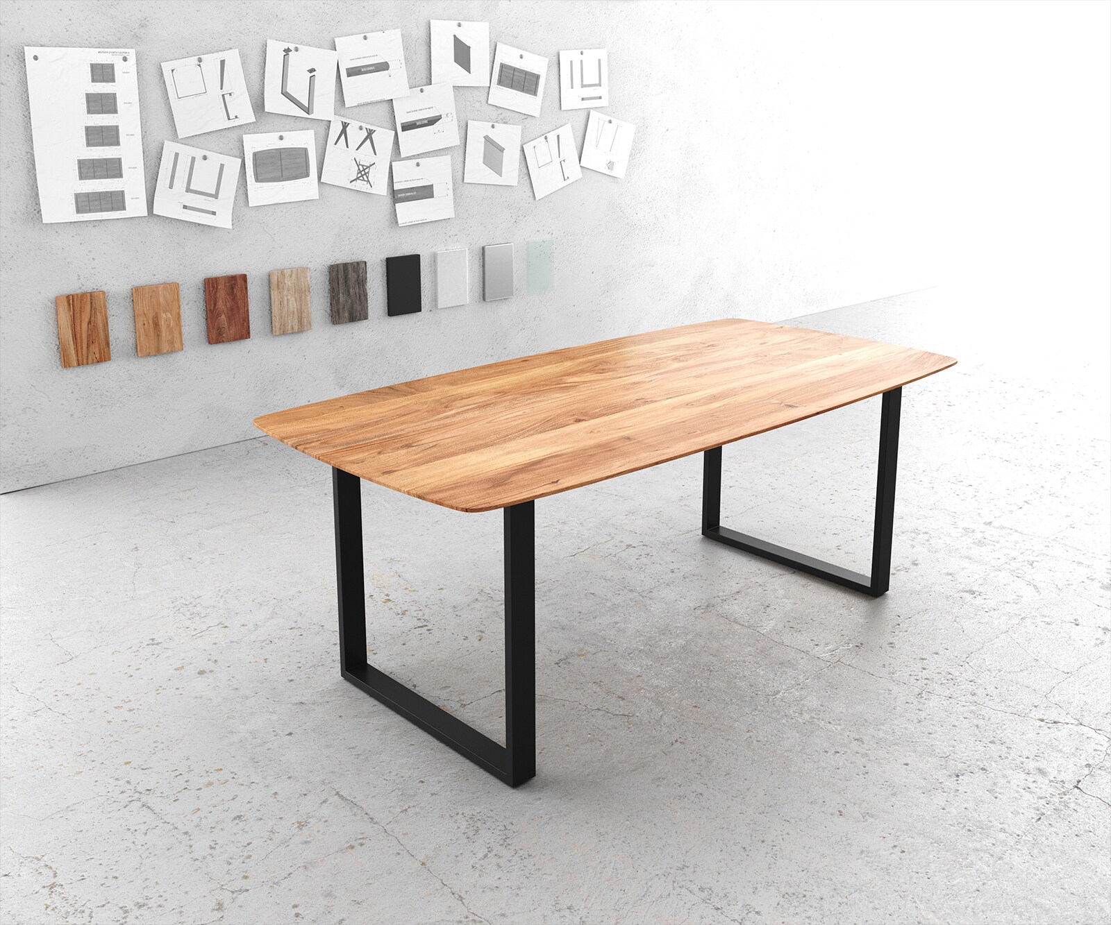 Eettafel Edge Boot 200x100 acacia natuur skidframe zwart Zwitserse rand