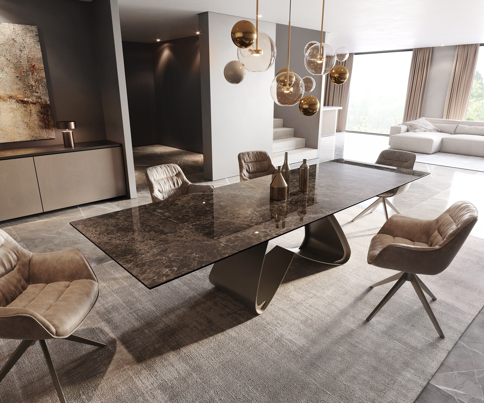 Eettafel Edge Keramiek Emperador Extra Lucidato Donkerbruin 200-300x100 W-onderstel effectafwerking Titanium uitschuifbaar
