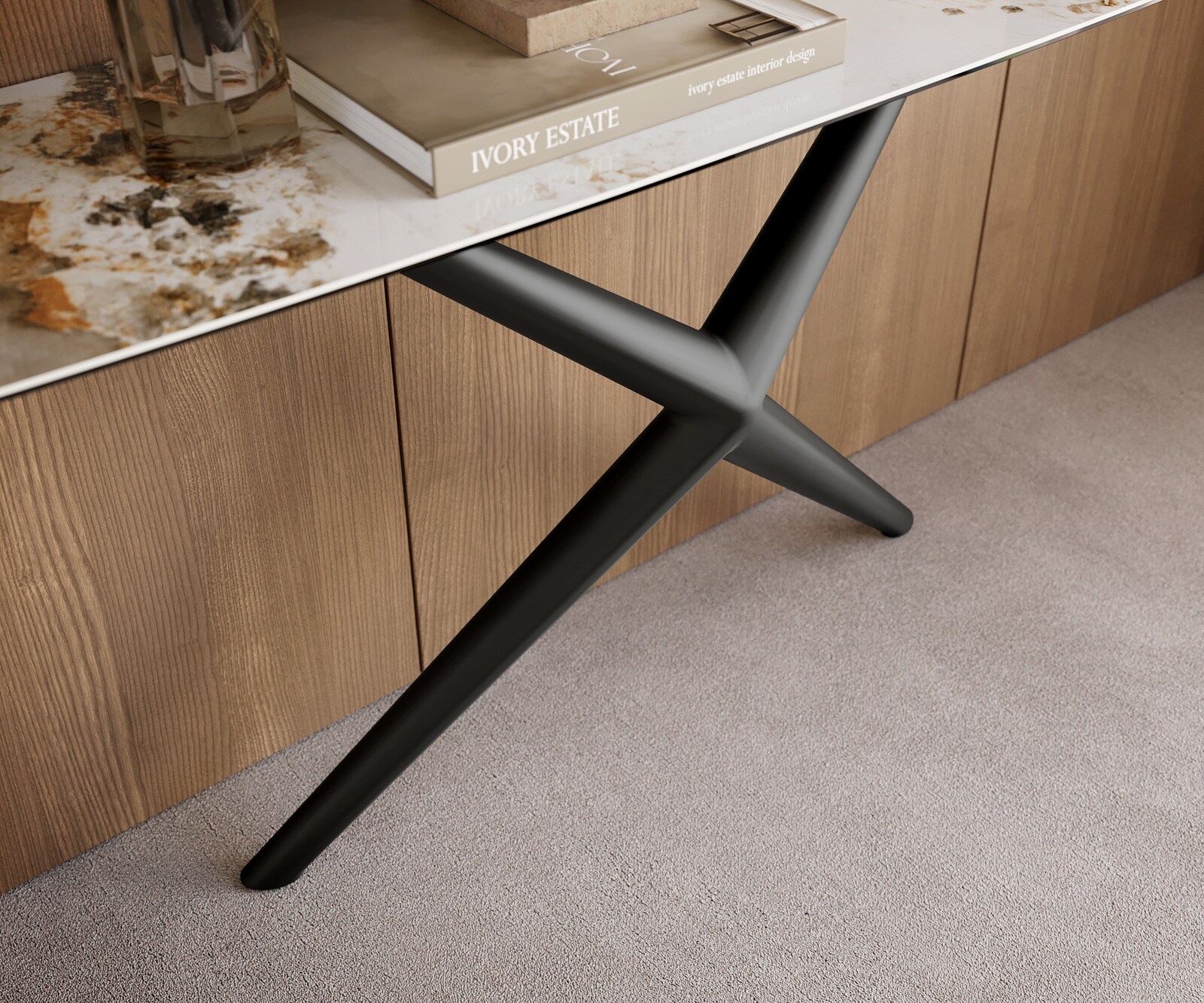 Consoletafel Edge Bootvorm 180x40 cm Keramiek Minas Melange Weiß-Beige Estelo Metaal Zwart 6