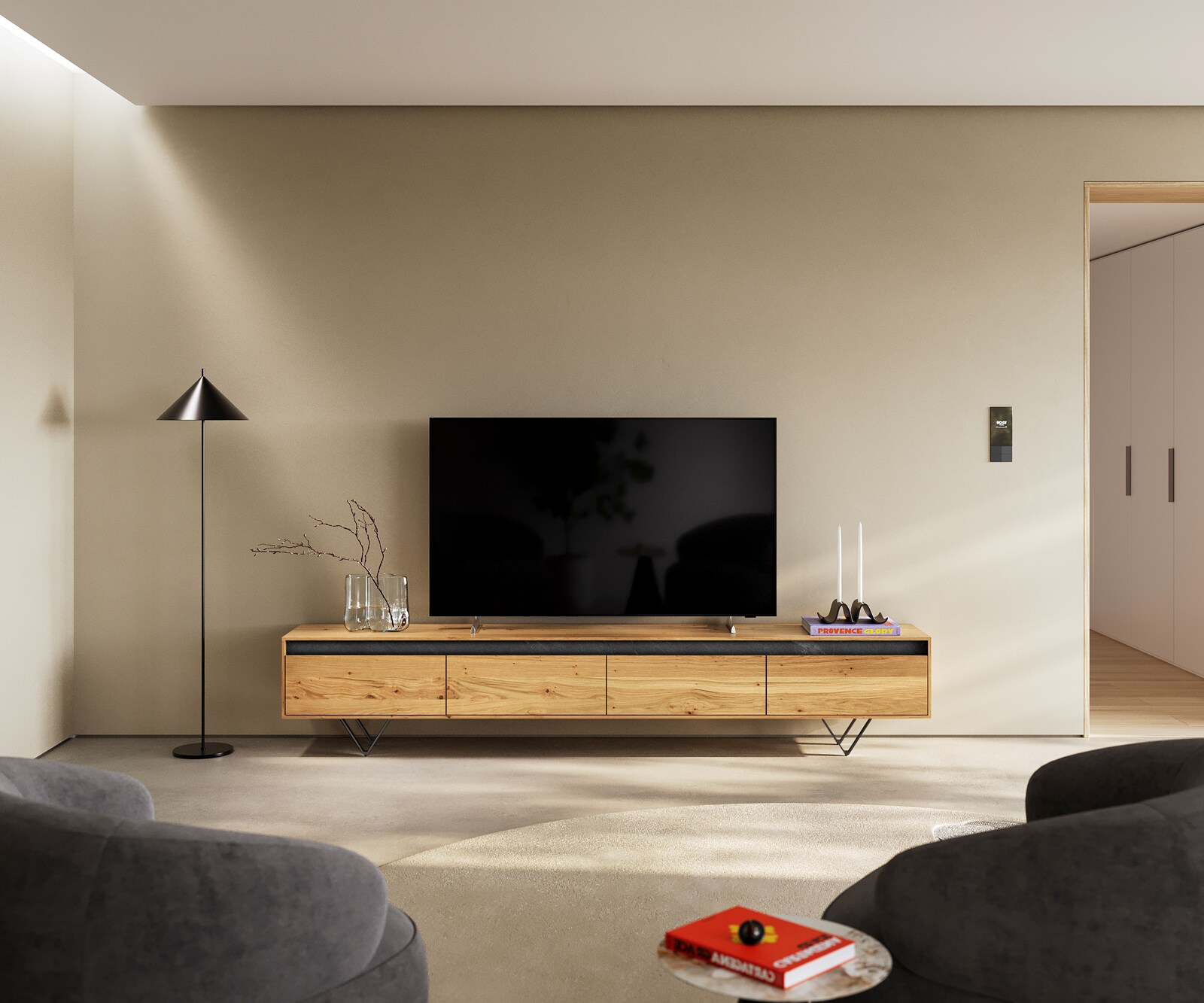 Tv-meubel Stonegrace 240 cm eiken natuur 4 deuren V-poot metaal zwart 1
