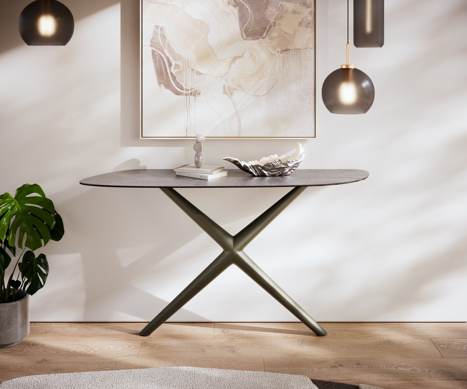 Consoletafel Edge Organisch 140x40 cm Keramiek Beton Grijs Estelo Metaal Effectafwerking Titan 1