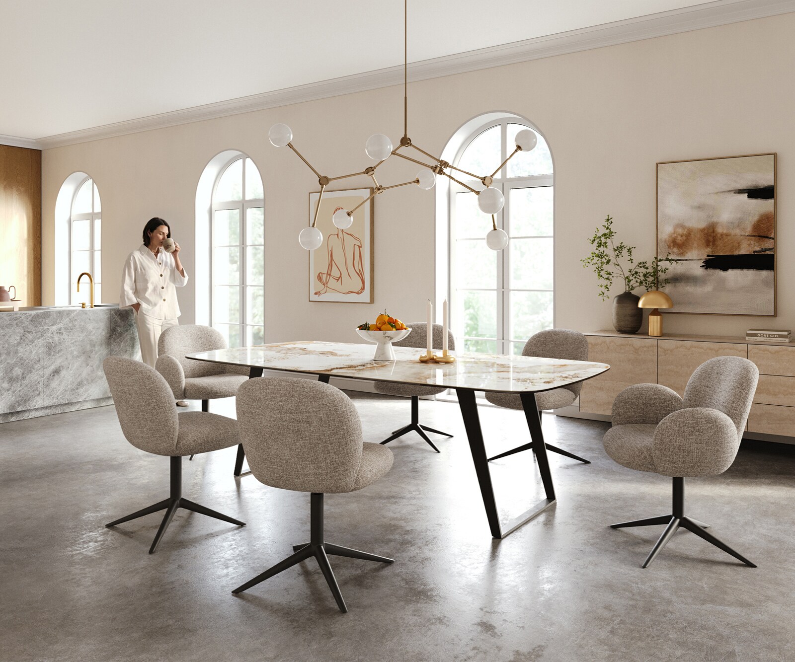 Eettafel Edge Boot 240x120 cm Keramiek Minas Melange Wit-Beige Metaal Schräg Zwart 6