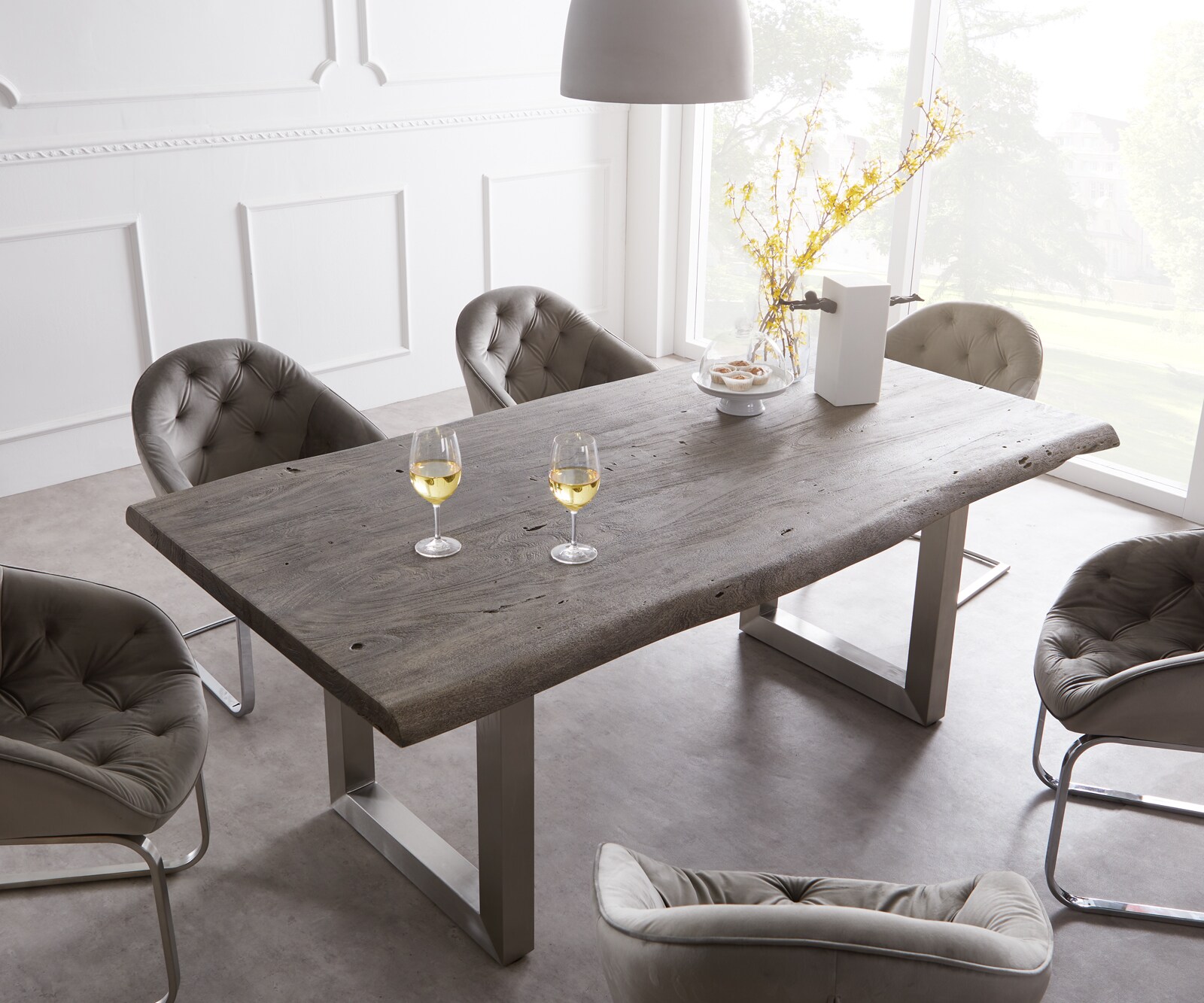 Eettafel Edge 200x100 XL acacia platina roestvrijstaal breed Live-Edge 3