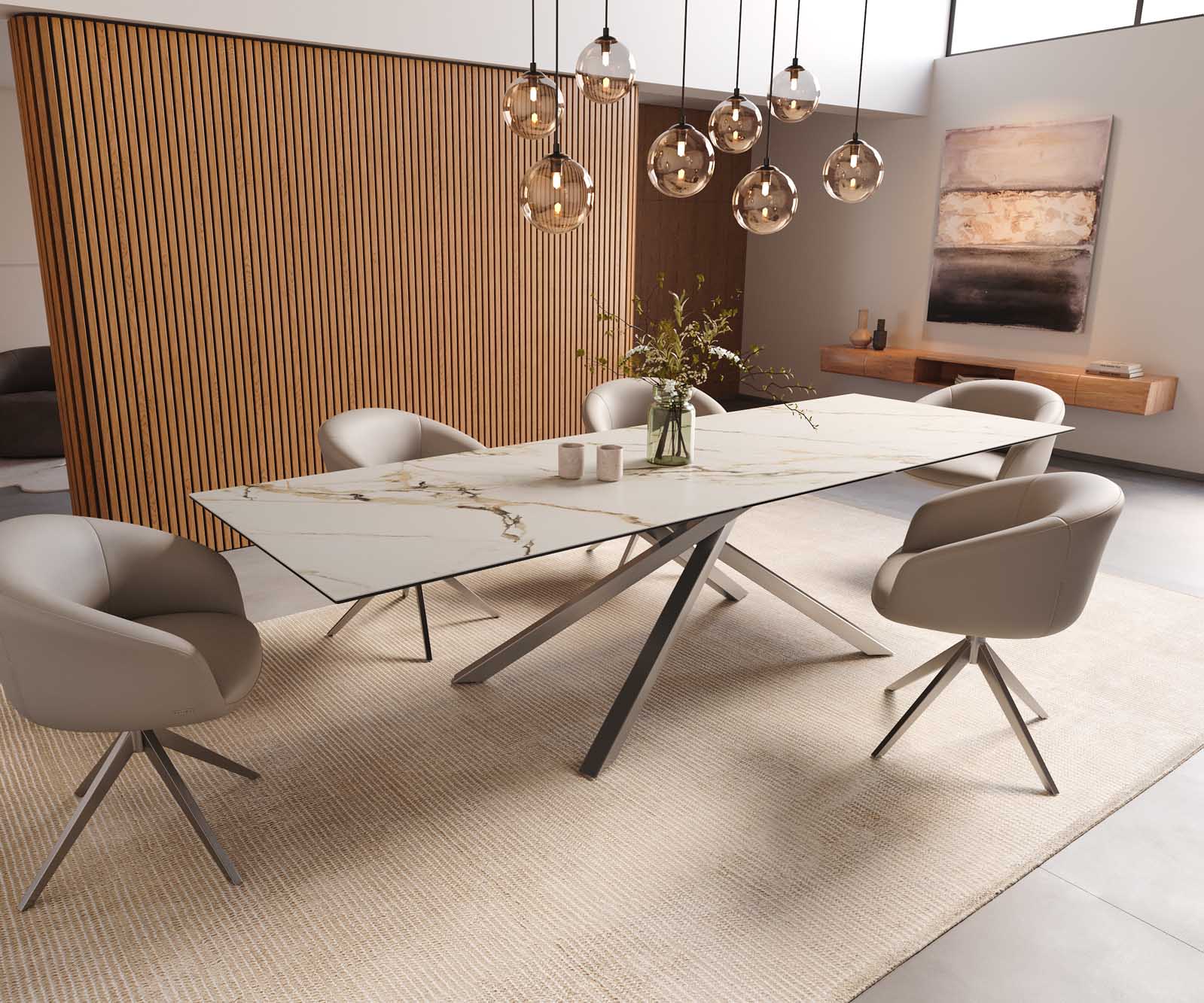 Eetkamertafel Edge 300x100 keramiek Calacatta Luxe wit-goud-grijs kruisframe rechthoek RVS 8