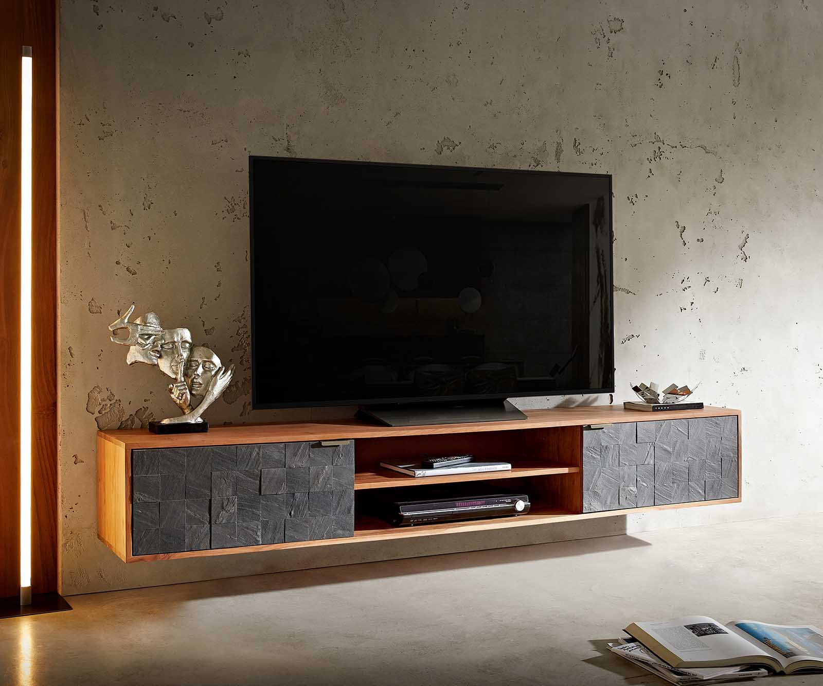 TV-meubel Teele 200 cm acacia natuur leisteen  2 Türen zwevend