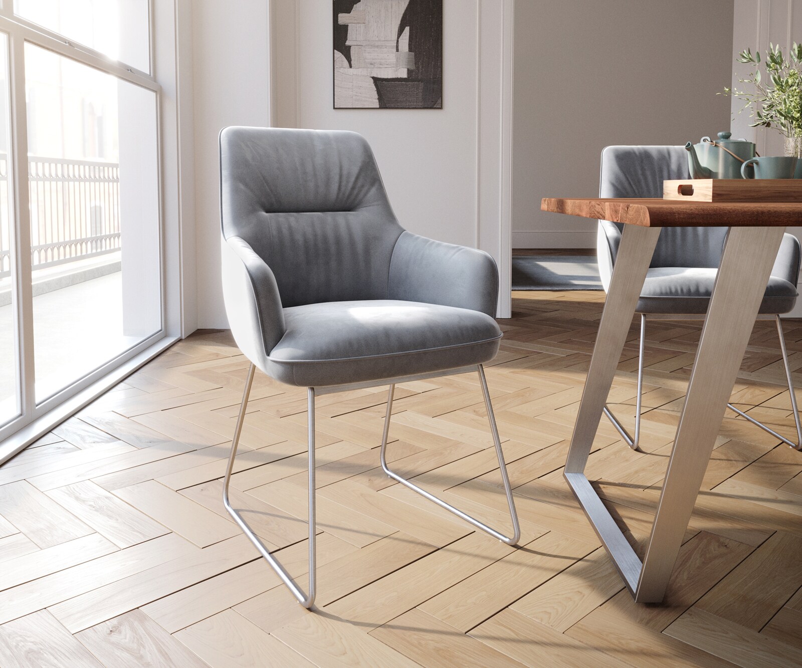 Eetkamerstoel Zelia-Flex met armleuning fluweel grijs slipframe roestvrij staal pocketveer kern