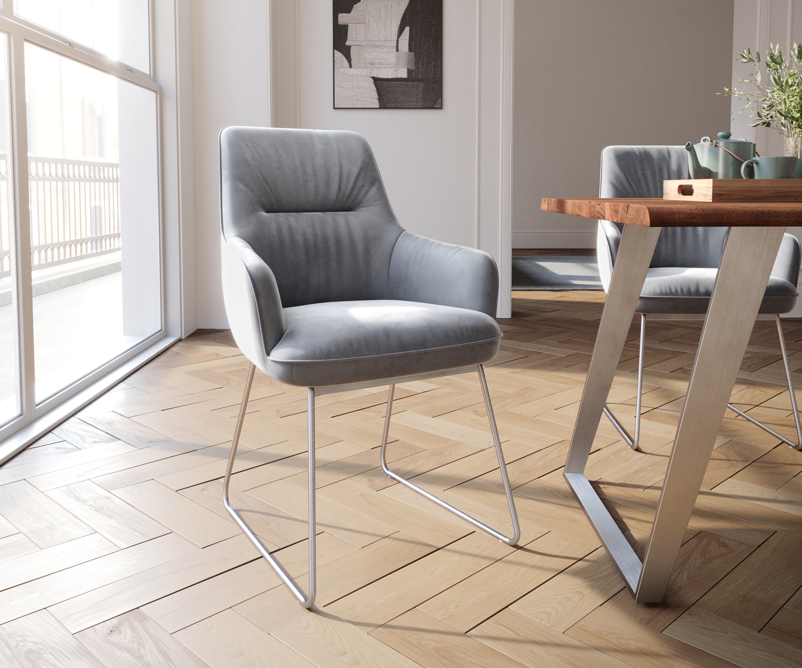 Eetkamerstoel Zelia-Flex met armleuning fluweel grijs slipframe roestvrij staal pocketveer kern Eetkamerstoel Zelia-Flex met armleuning fluweel grijs slipframe roestvrij staal pocketveer kern