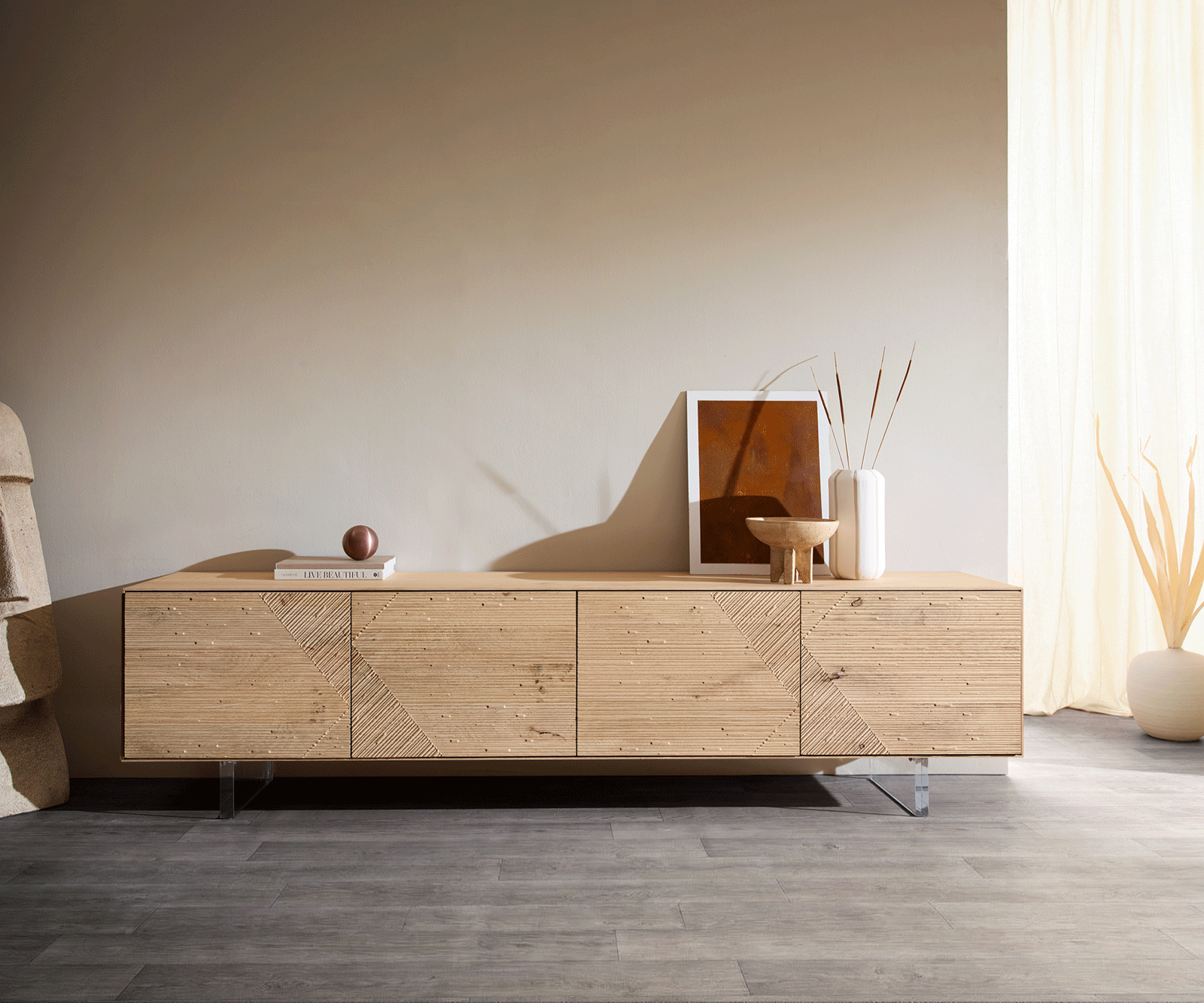 TV-meubel Tereos 220 cm eiken natuur 3D-effect 4 deuren zwevende poot acrylglas 4