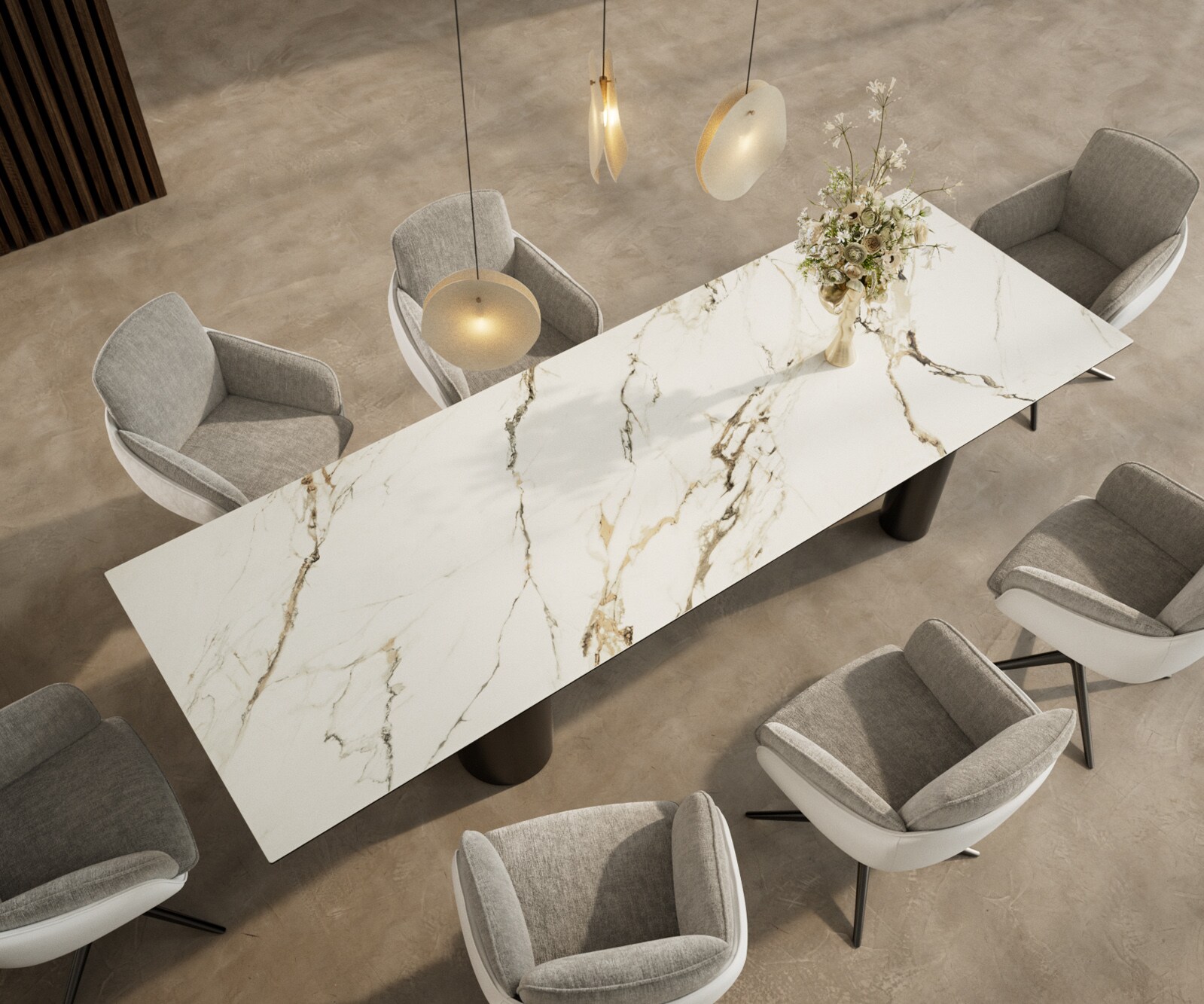 Eetkamertafel Edge 300x100 keramiek Calacatta Luxe wit-Gold-grijs Pilier roestvrij staal grafiet 3
