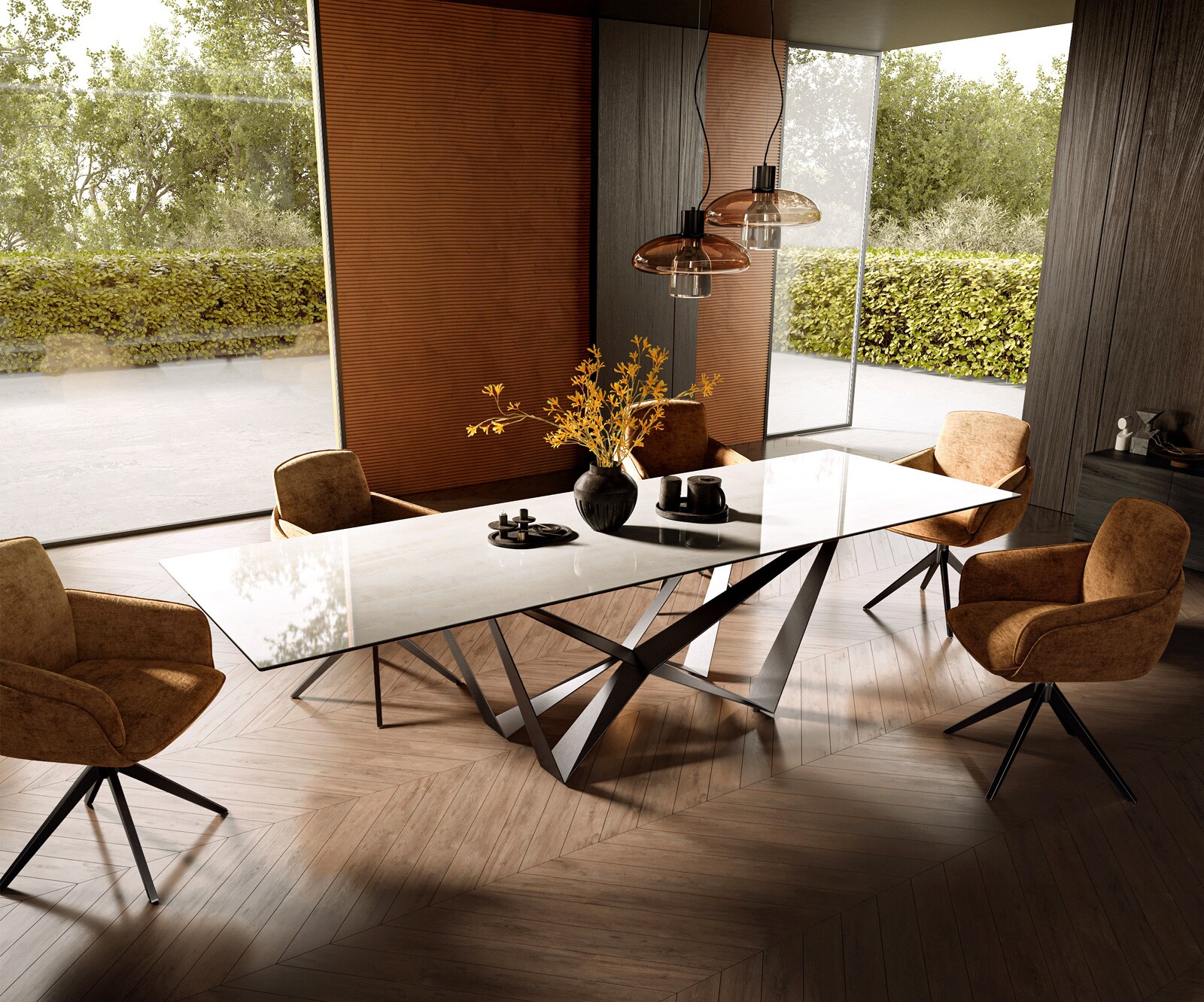 Eettafel Edge 300x100 cm keramiek Onyx Champagne Spider platstaal roestvrij staal grafiet 7