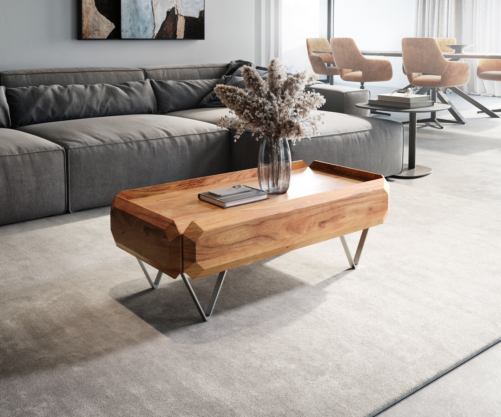 Salontafel Kiano 100x50 cm natuur acacia 2 laden V-poot roestvrij staal