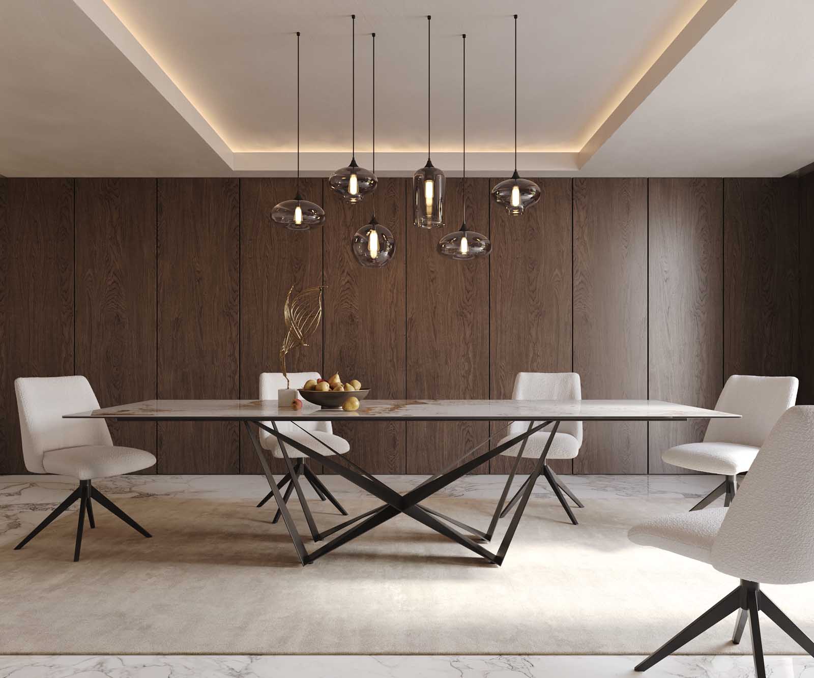 Eetkamertafel Edge 300x100 keramiek Minas Melange wit-beige spider vlak staal zwart 1