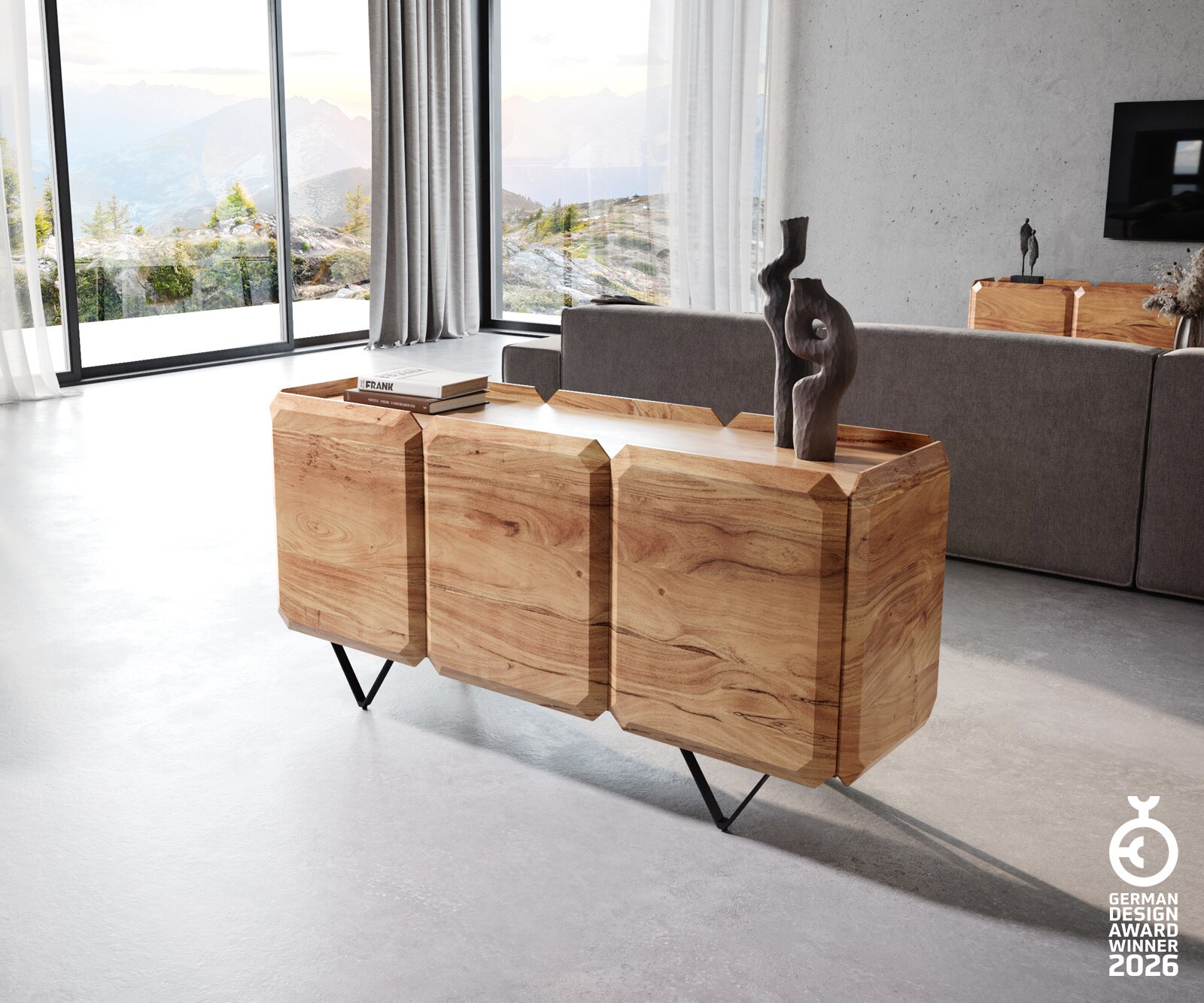 Sideboard Kiano 145 cm Acacia Natuur 3 Deuren V-voet Zwart Roomdivider