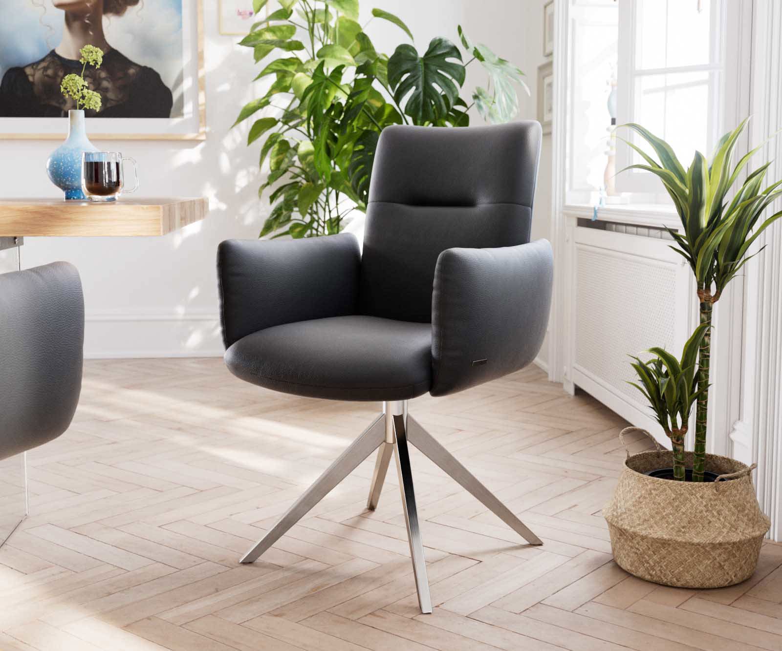 Draaistoel Jova-Flex met armleuning echt leer zwart kruisframe breed roestvrij staal 360° draaibaar pocketveer kern Draaistoel Jova-Flex met armleuning echt leer zwart kruisframe breed roestvrij staal 360° draaibaar pocketveer kern
