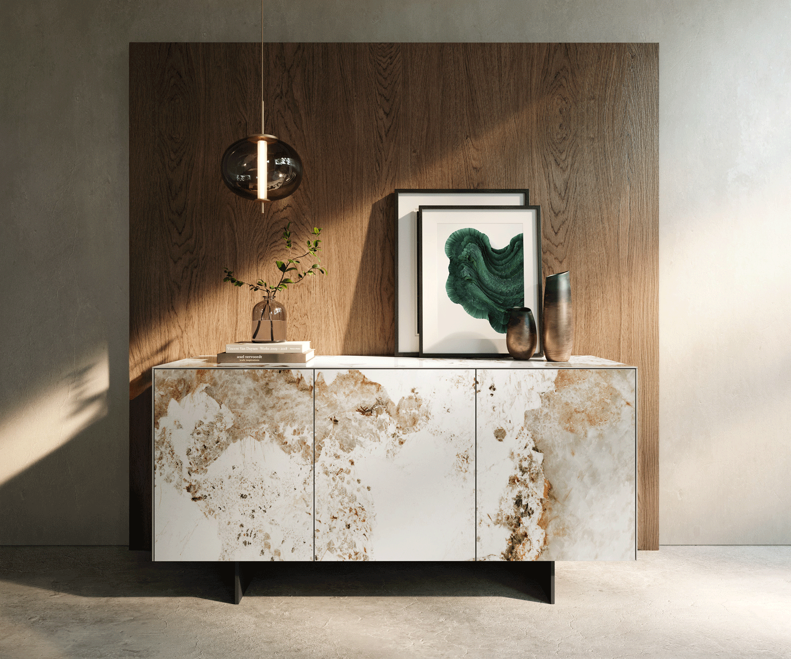 Dressoir Cuor 150 cm Keramiek Minas Melange Wit-beige 3 Deuren Zwevende voet look Metaal Zwart 2