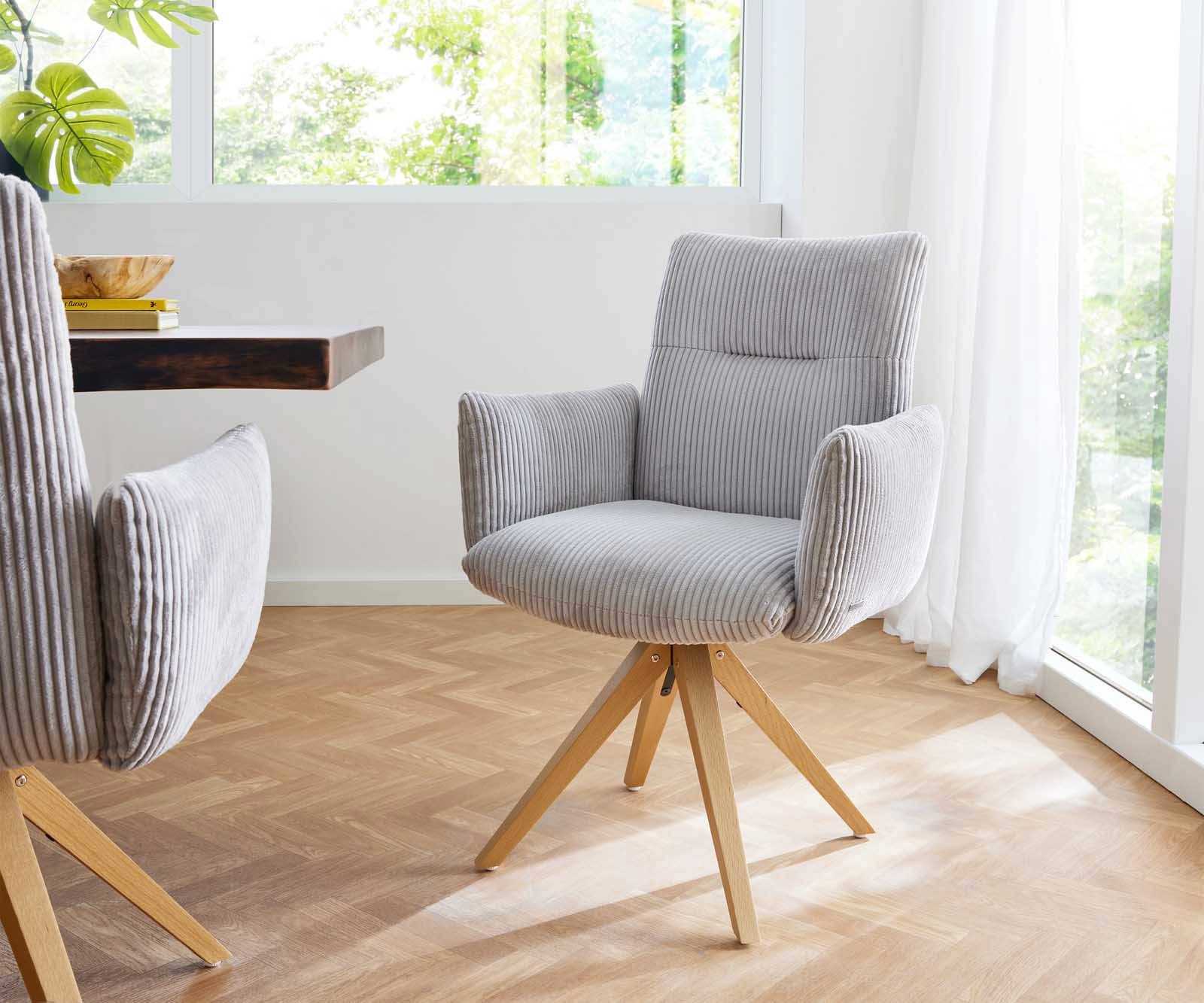 Draaistoel Jova-Flex met armleuning koord zilver grijs houten frame hoekig natuur 180° draaibaar pocketveer kern